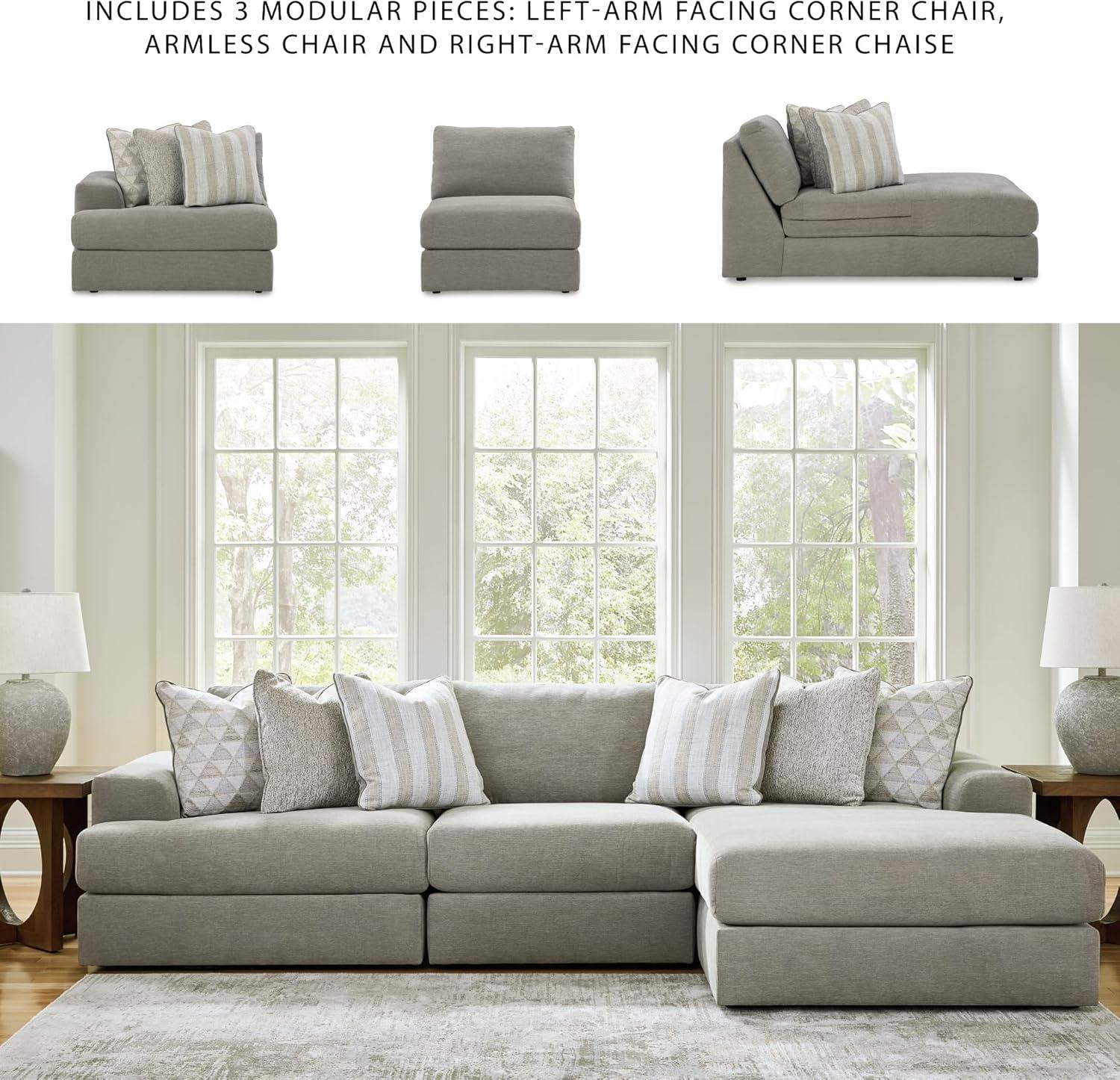 imageSignature Design by Ashley Mahoney Casual LShaped Tufted 2Piece Sectional with Chaise Loose Seat Cushions and 2 Accent Pillows BeigeGrey
