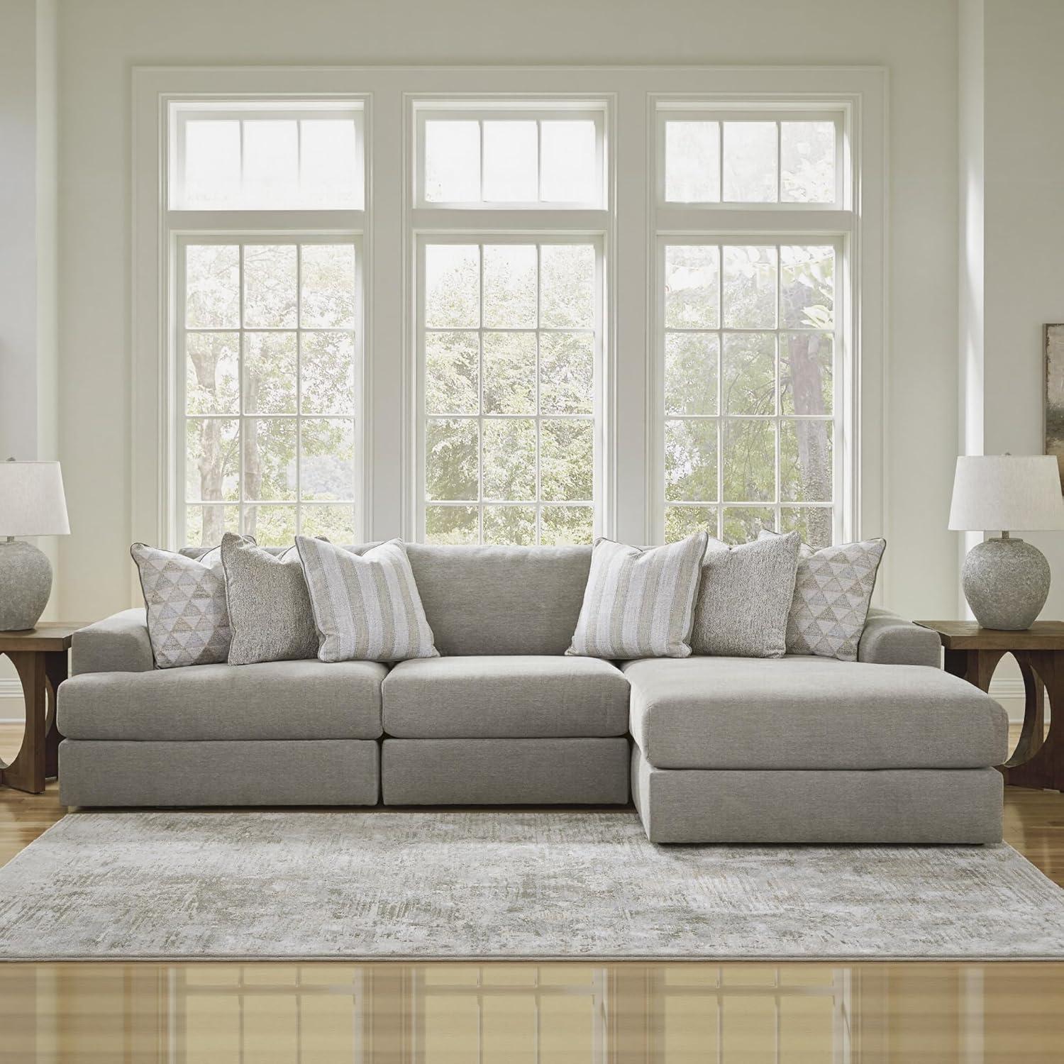 imageSignature Design by Ashley Mahoney Casual LShaped Tufted 2Piece Sectional with Chaise Loose Seat Cushions and 2 Accent Pillows BeigeGrey