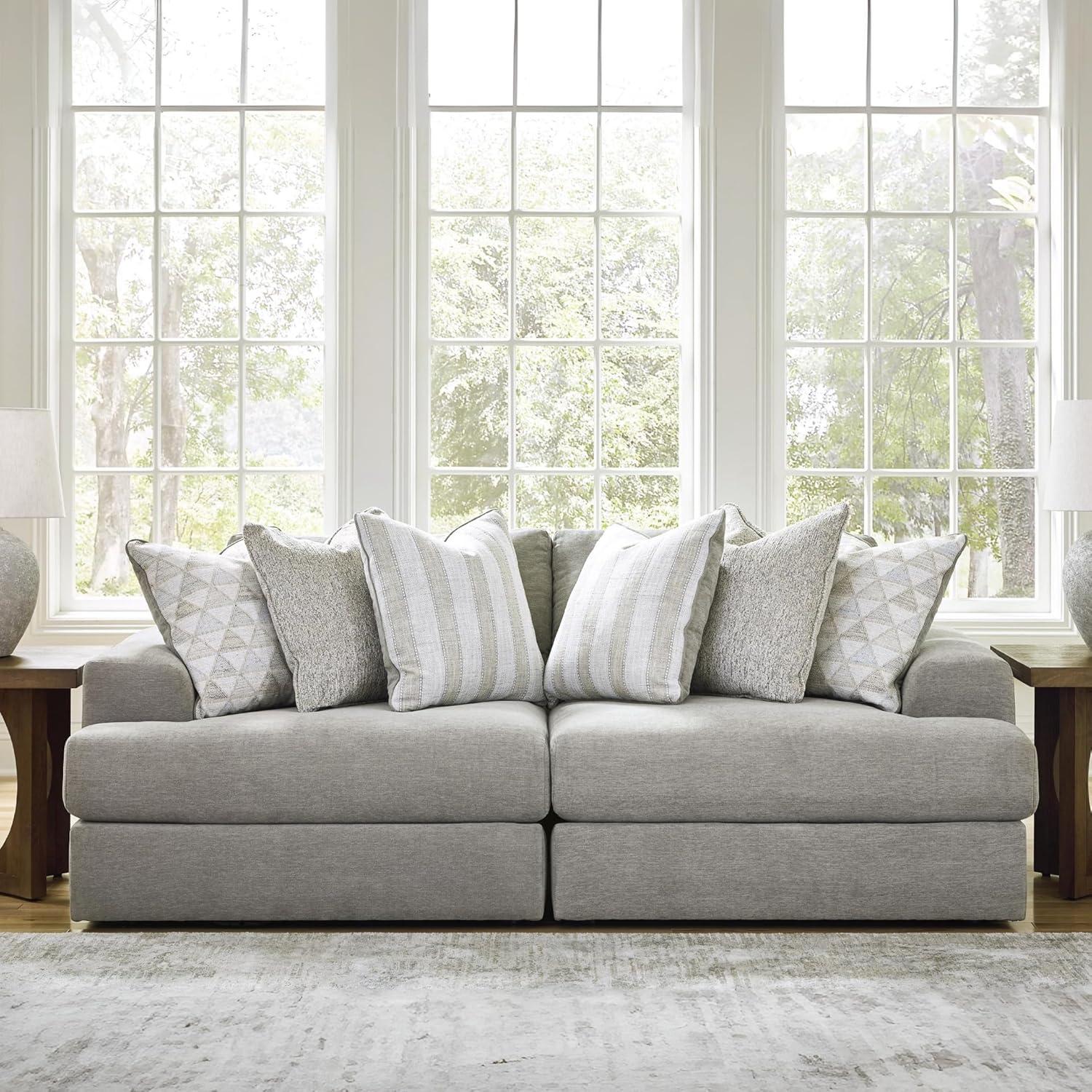 imageSignature Design by Ashley Mahoney Casual LShaped Tufted 2Piece Sectional with Chaise Loose Seat Cushions and 2 Accent Pillows BeigeGrey