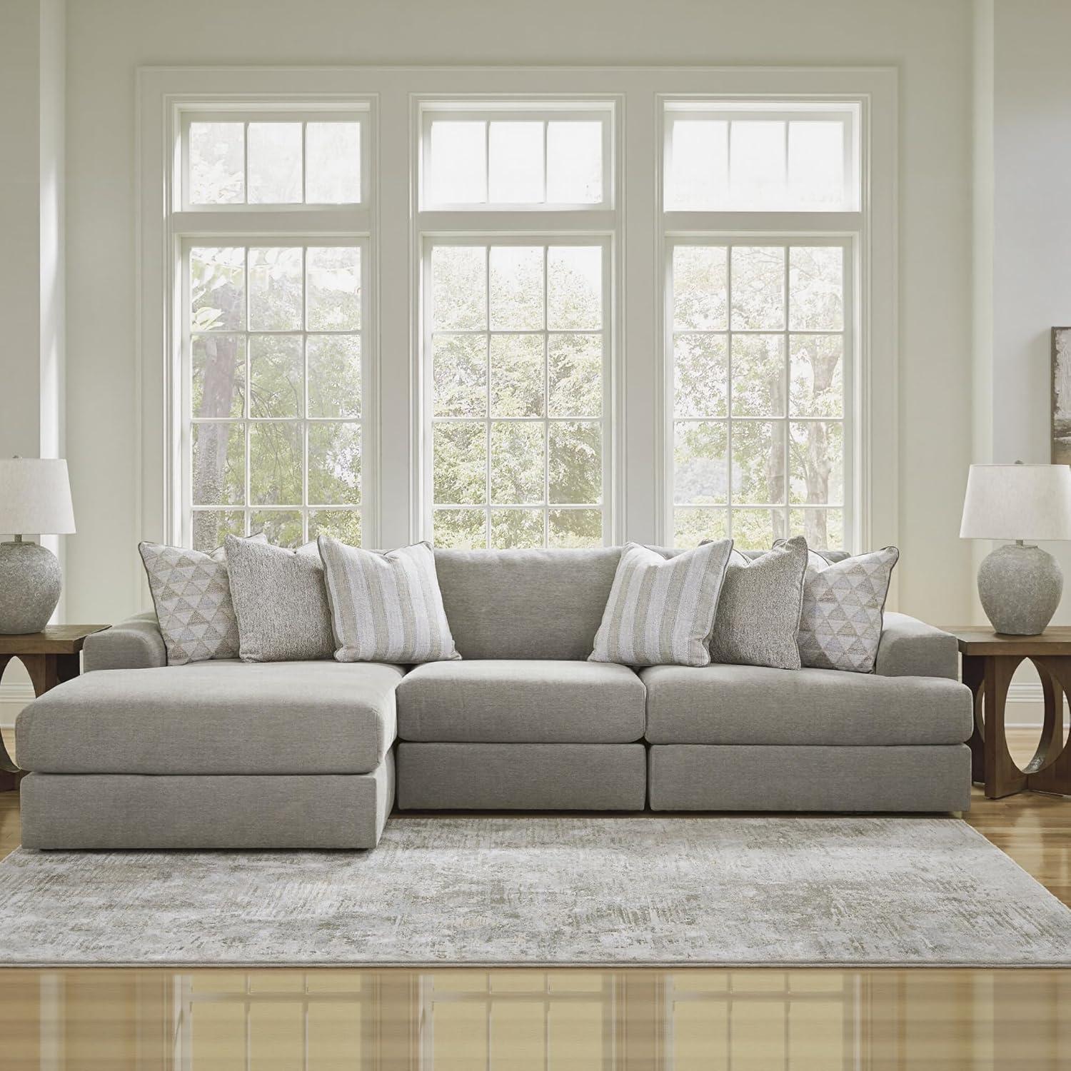 imageSignature Design by Ashley Mahoney Casual LShaped Tufted 2Piece Sectional with Chaise Loose Seat Cushions and 2 Accent Pillows BeigeGrey