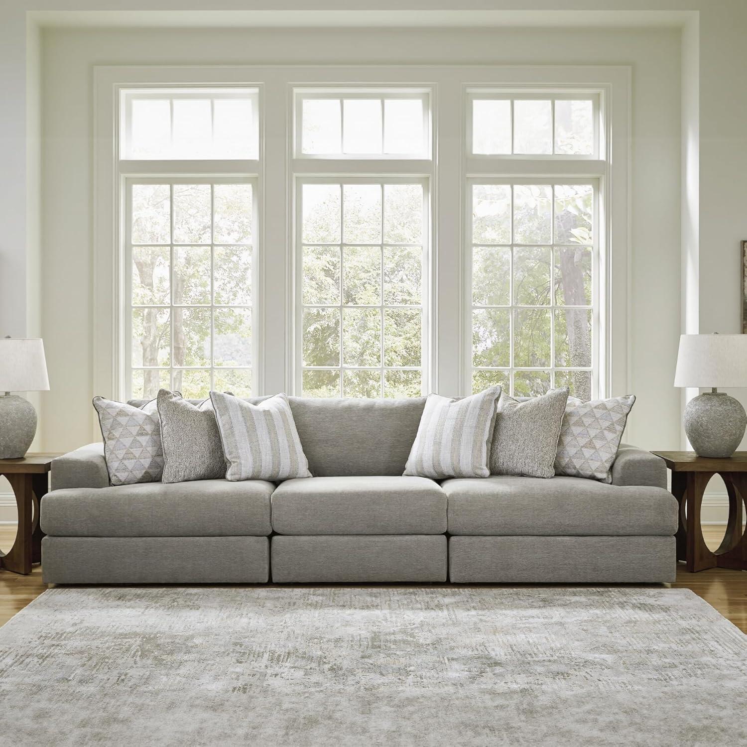 imageSignature Design by Ashley Mahoney Casual LShaped Tufted 2Piece Sectional with Chaise Loose Seat Cushions and 2 Accent Pillows BeigeGrey
