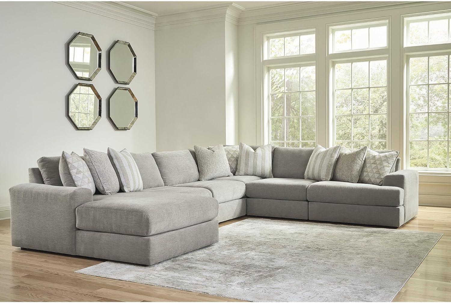 imageSignature Design by Ashley Mahoney Casual LShaped Tufted 2Piece Sectional with Chaise Loose Seat Cushions and 2 Accent Pillows BeigeGrey