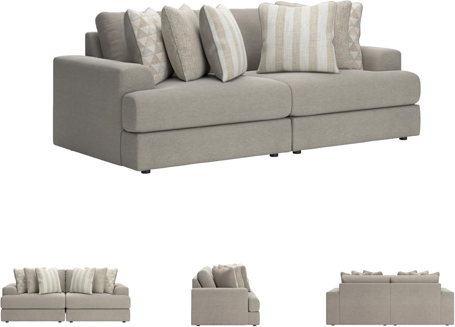 imageSignature Design by Ashley Mahoney Casual LShaped Tufted 2Piece Sectional with Chaise Loose Seat Cushions and 2 Accent Pillows BeigeGrey