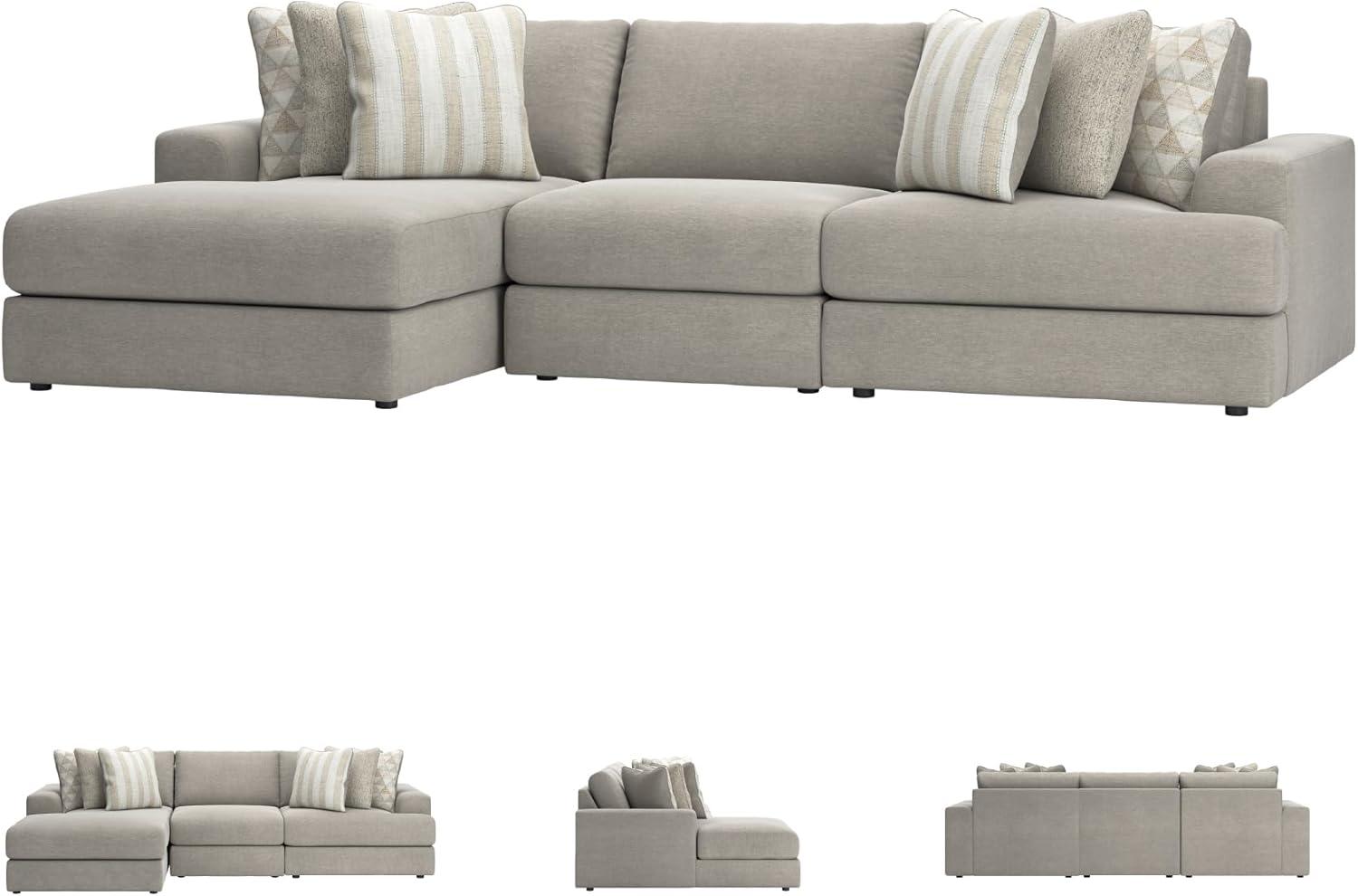 imageSignature Design by Ashley Mahoney Casual LShaped Tufted 2Piece Sectional with Chaise Loose Seat Cushions and 2 Accent Pillows BeigeGrey