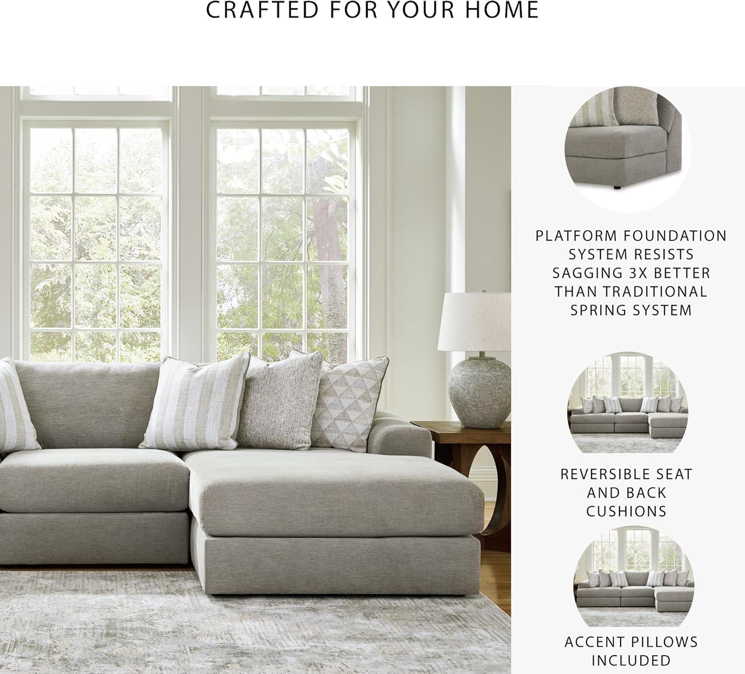imageSignature Design by Ashley Mahoney Casual LShaped Tufted 2Piece Sectional with Chaise Loose Seat Cushions and 2 Accent Pillows BeigeGrey