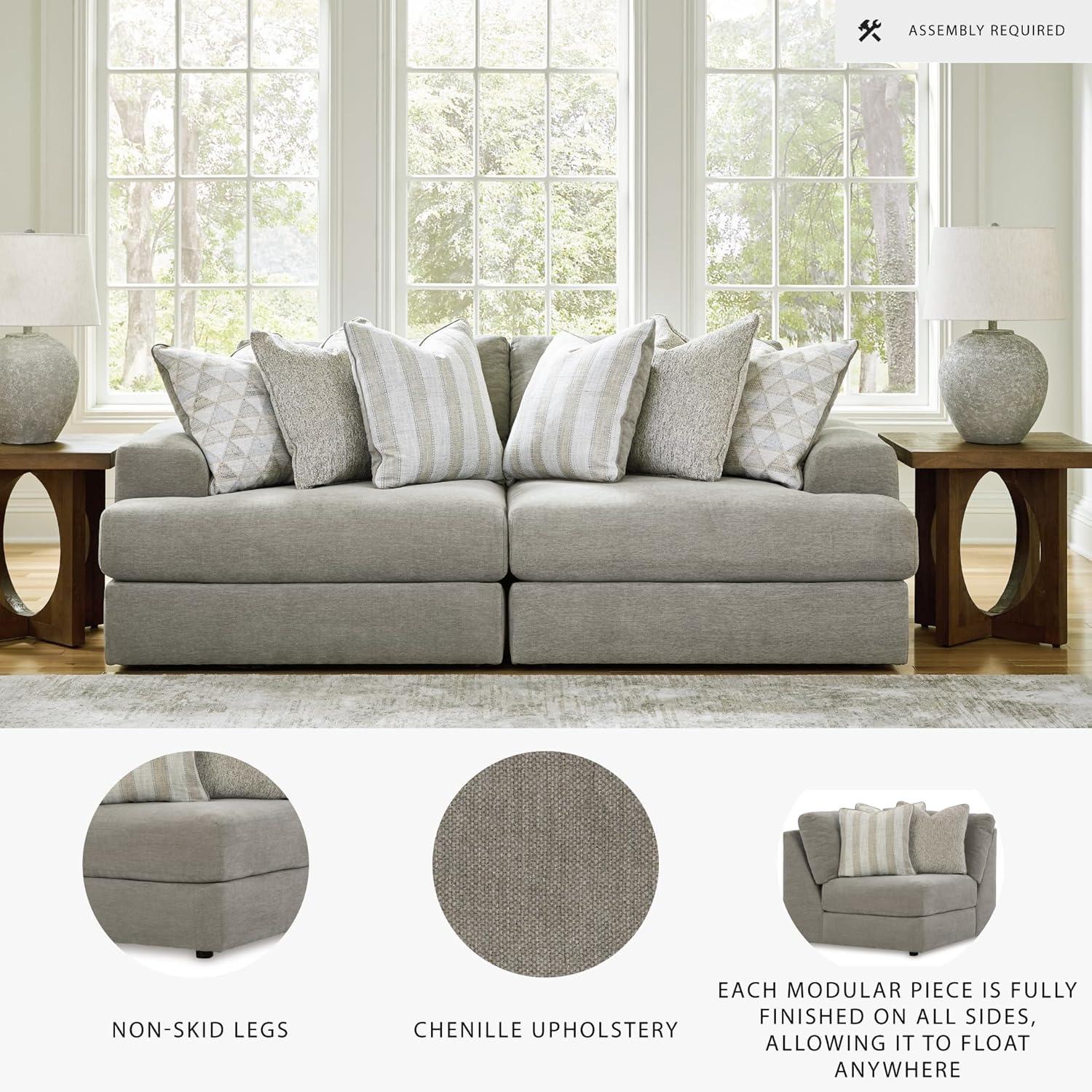 imageSignature Design by Ashley Mahoney Casual LShaped Tufted 2Piece Sectional with Chaise Loose Seat Cushions and 2 Accent Pillows BeigeGrey