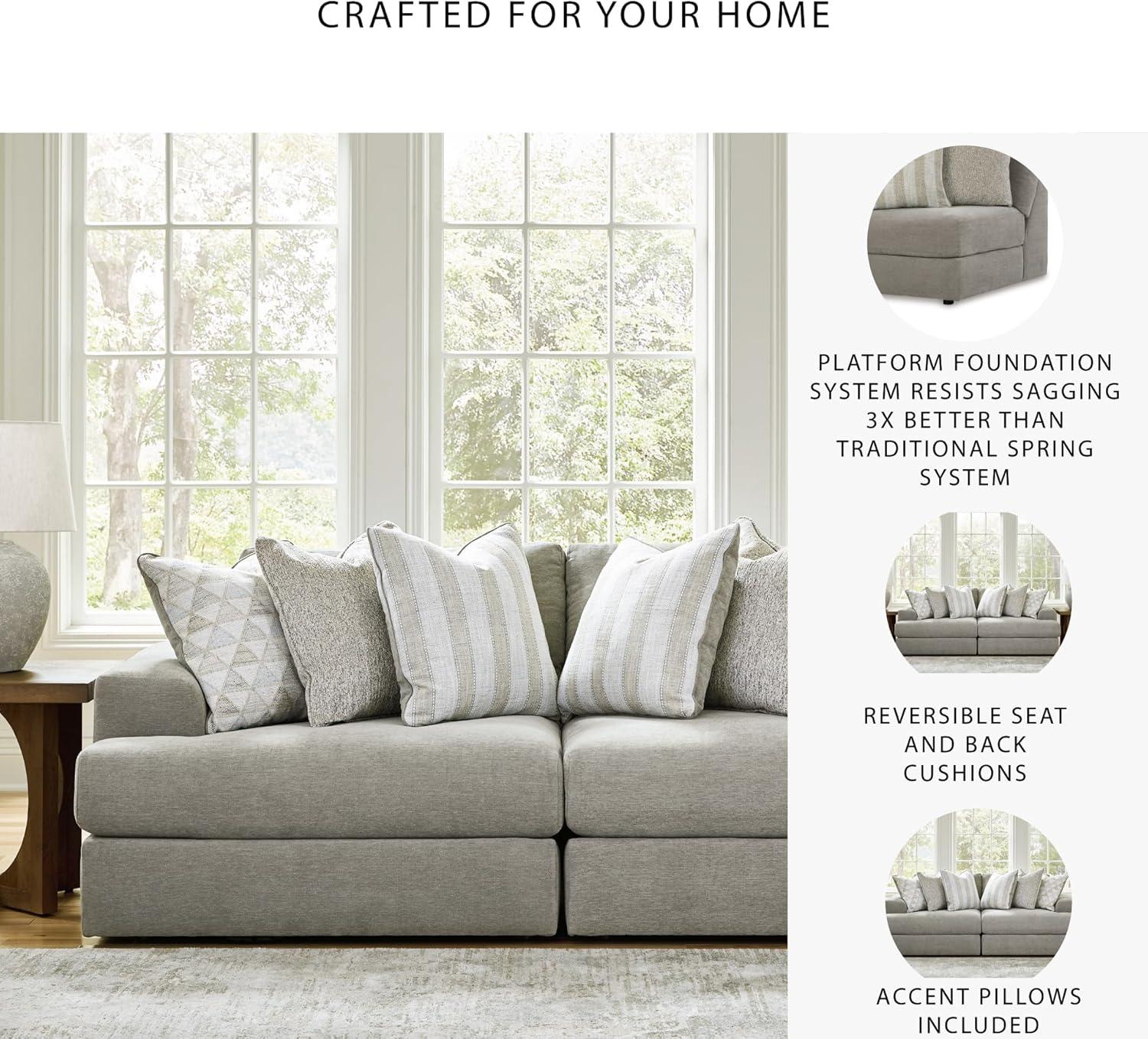 imageSignature Design by Ashley Mahoney Casual LShaped Tufted 2Piece Sectional with Chaise Loose Seat Cushions and 2 Accent Pillows BeigeGrey