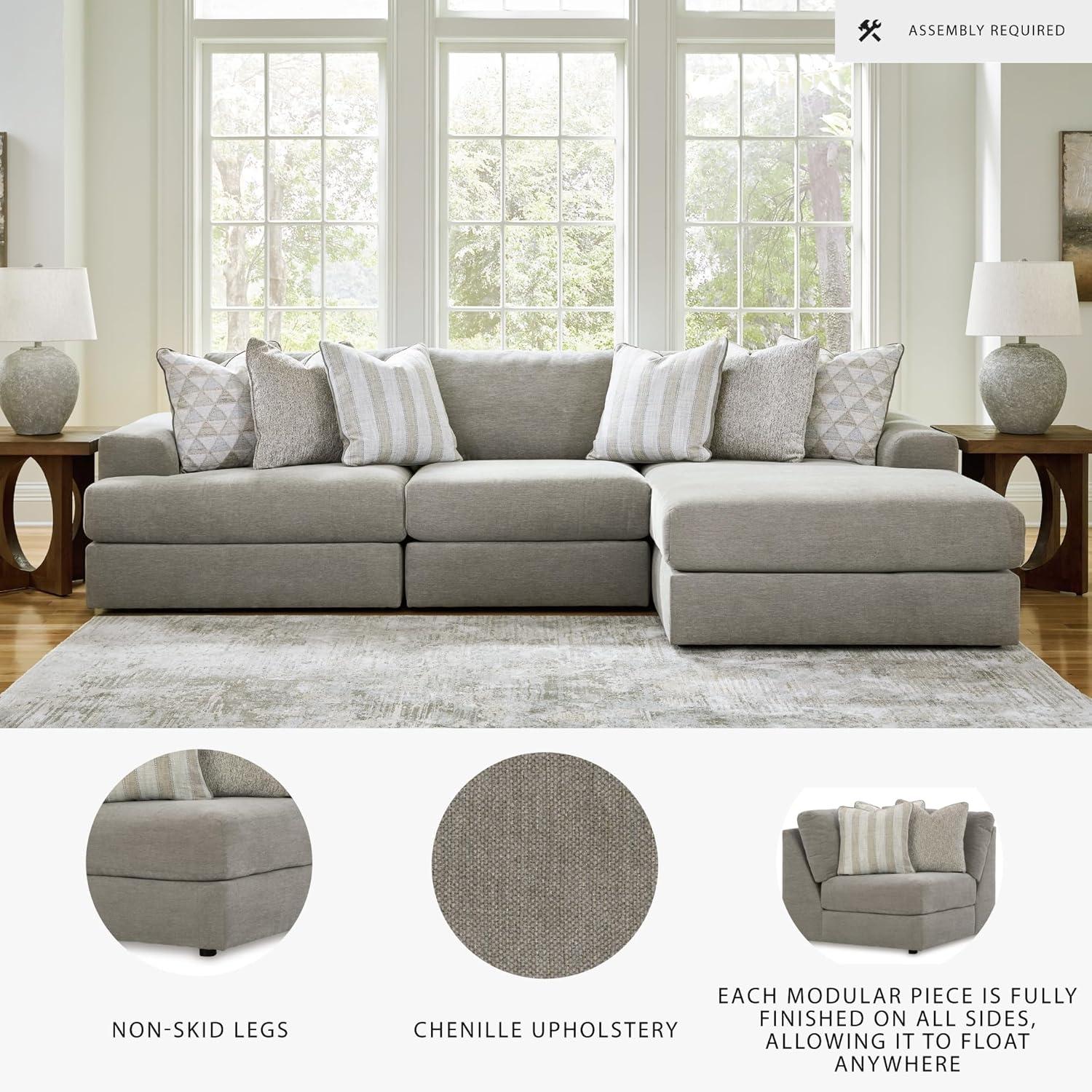 imageSignature Design by Ashley Mahoney Casual LShaped Tufted 2Piece Sectional with Chaise Loose Seat Cushions and 2 Accent Pillows BeigeGrey