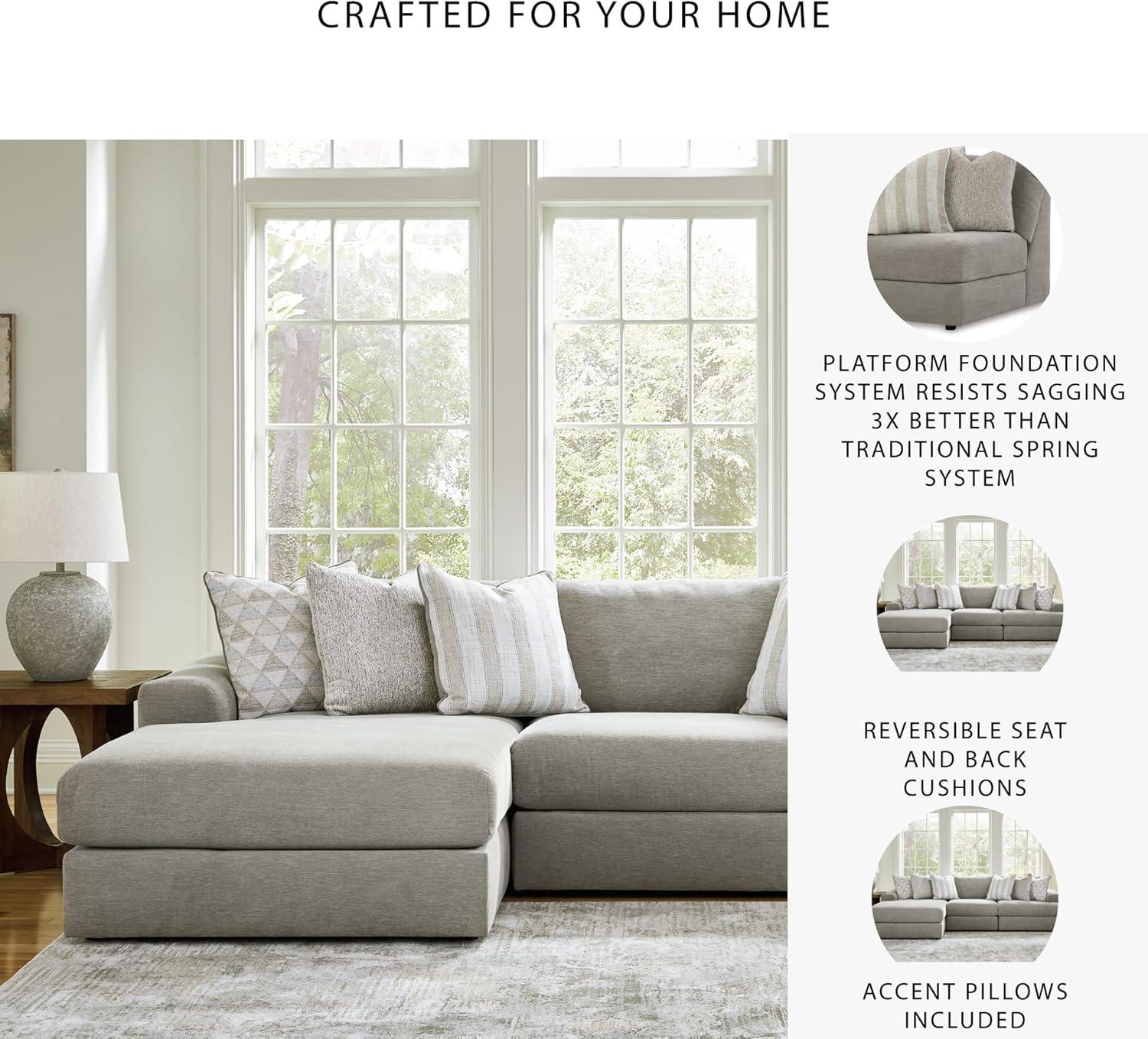 imageSignature Design by Ashley Mahoney Casual LShaped Tufted 2Piece Sectional with Chaise Loose Seat Cushions and 2 Accent Pillows BeigeGrey