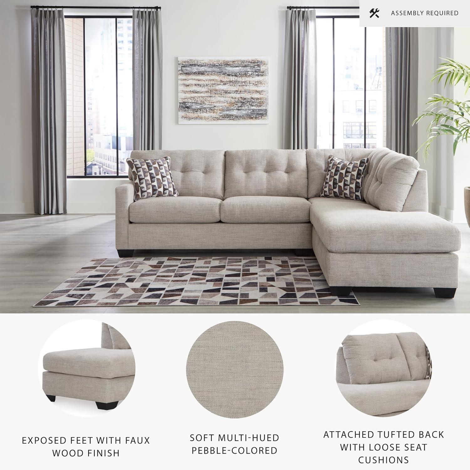imageSignature Design by Ashley Mahoney Casual LShaped Tufted 2Piece Sectional with Chaise Loose Seat Cushions and 2 Accent Pillows BeigeLight Gray