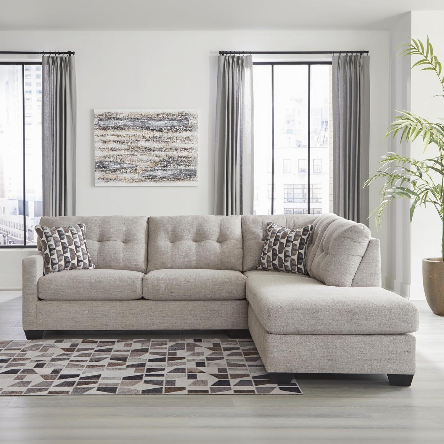 imageSignature Design by Ashley Mahoney Casual LShaped Tufted 2Piece Sectional with Chaise Loose Seat Cushions and 2 Accent Pillows BeigeLight Gray