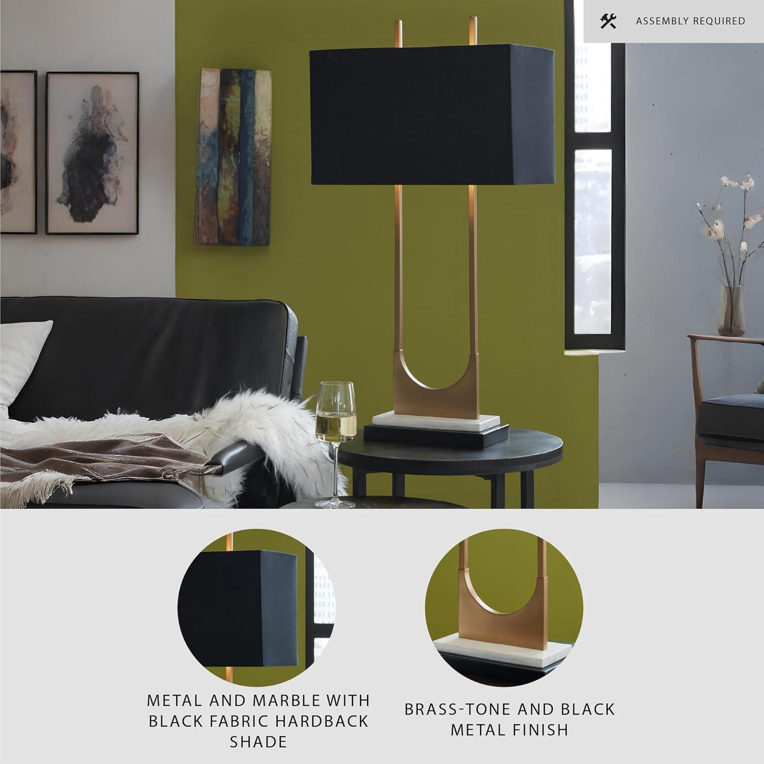 imageSignature Design by Ashley Malana 33quot Contemporary Metal Table Lamp with Marble Base Black ampamp BrassBlack