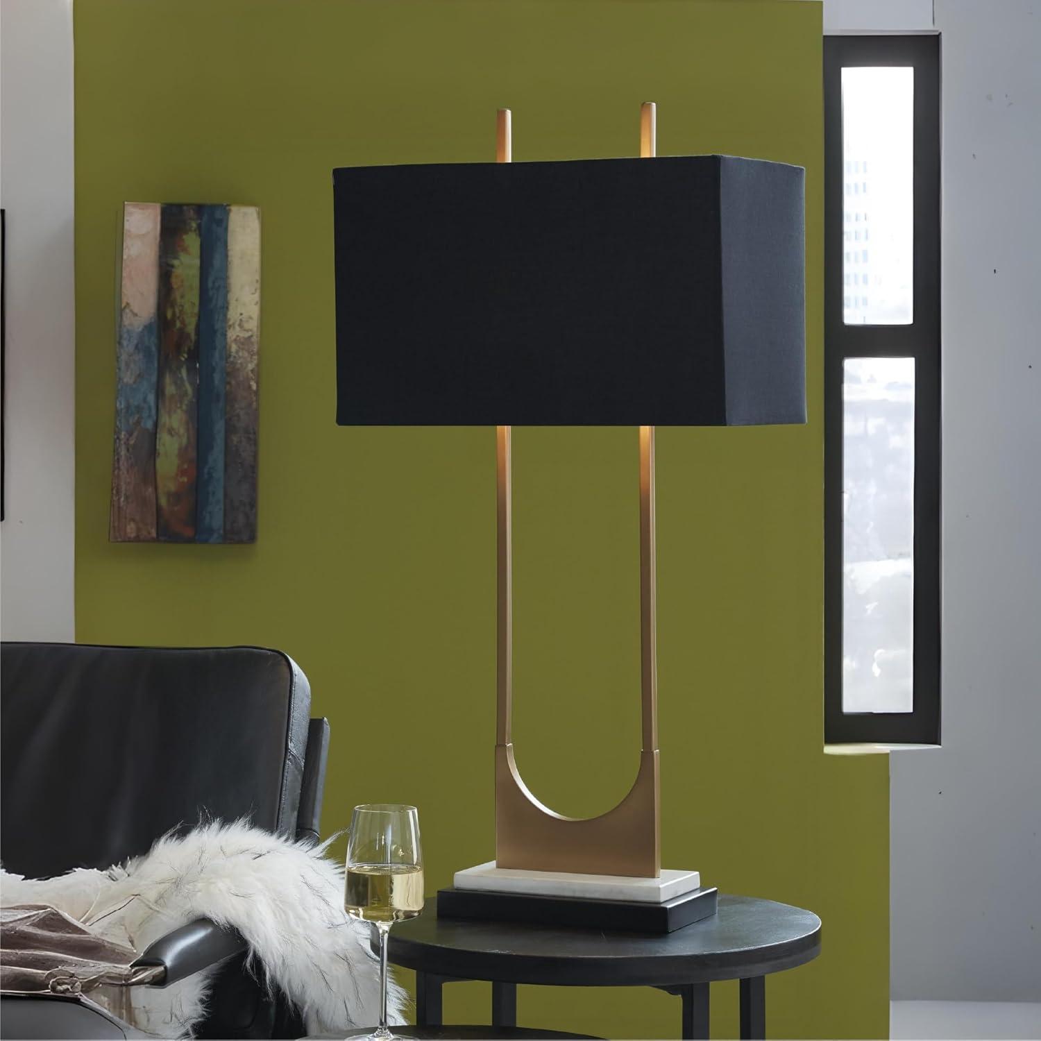 imageSignature Design by Ashley Malana 33quot Contemporary Metal Table Lamp with Marble Base Black ampamp BrassBlack