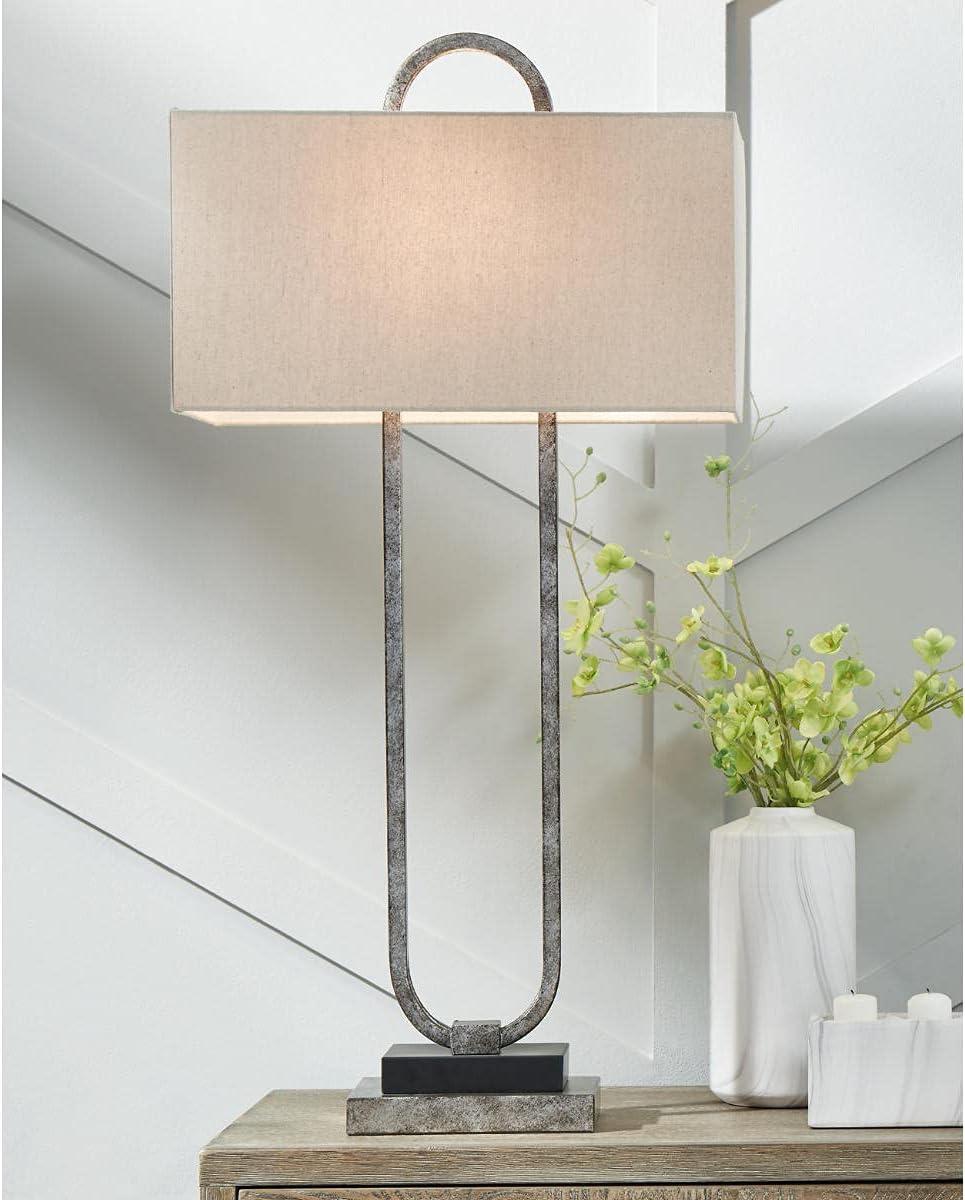imageSignature Design by Ashley Malana 33quot Contemporary Metal Table Lamp with Marble Base Black ampamp BrassWhite