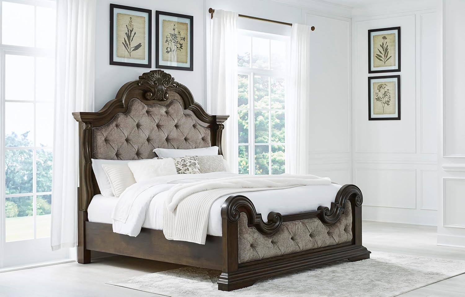 imageSignature Design by Ashley Maylee Traditional Tufted Queen Upholstered Panel Bed Foundation or Box Spring Needed Dark Brown ampamp BeigeDark Brown