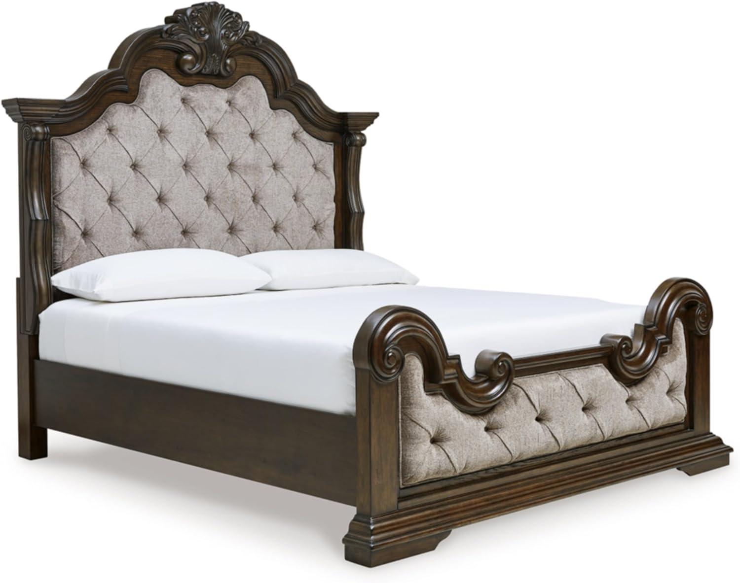 imageSignature Design by Ashley Maylee Traditional Tufted Queen Upholstered Panel Bed Foundation or Box Spring Needed Dark Brown ampamp BeigeDark Brown