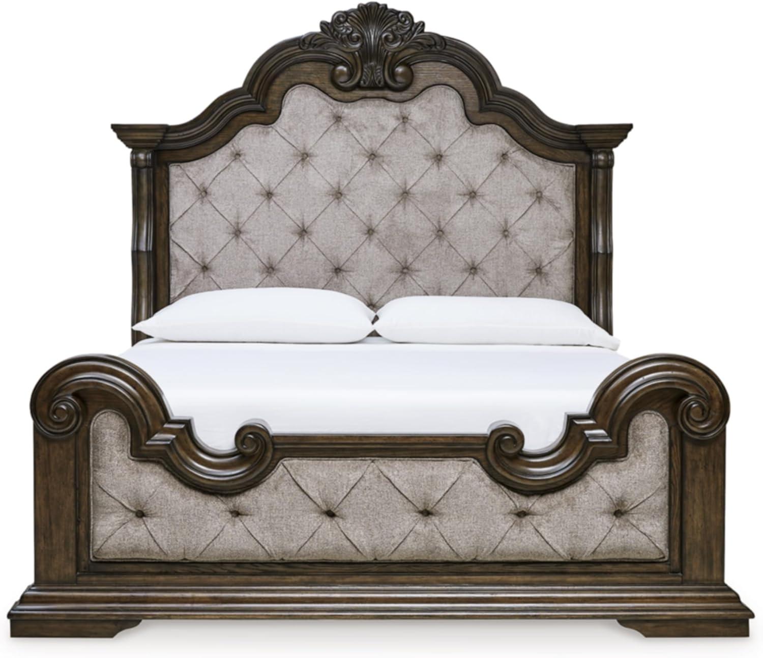 imageSignature Design by Ashley Maylee Traditional Tufted Queen Upholstered Panel Bed Foundation or Box Spring Needed Dark Brown ampamp BeigeDark Brown