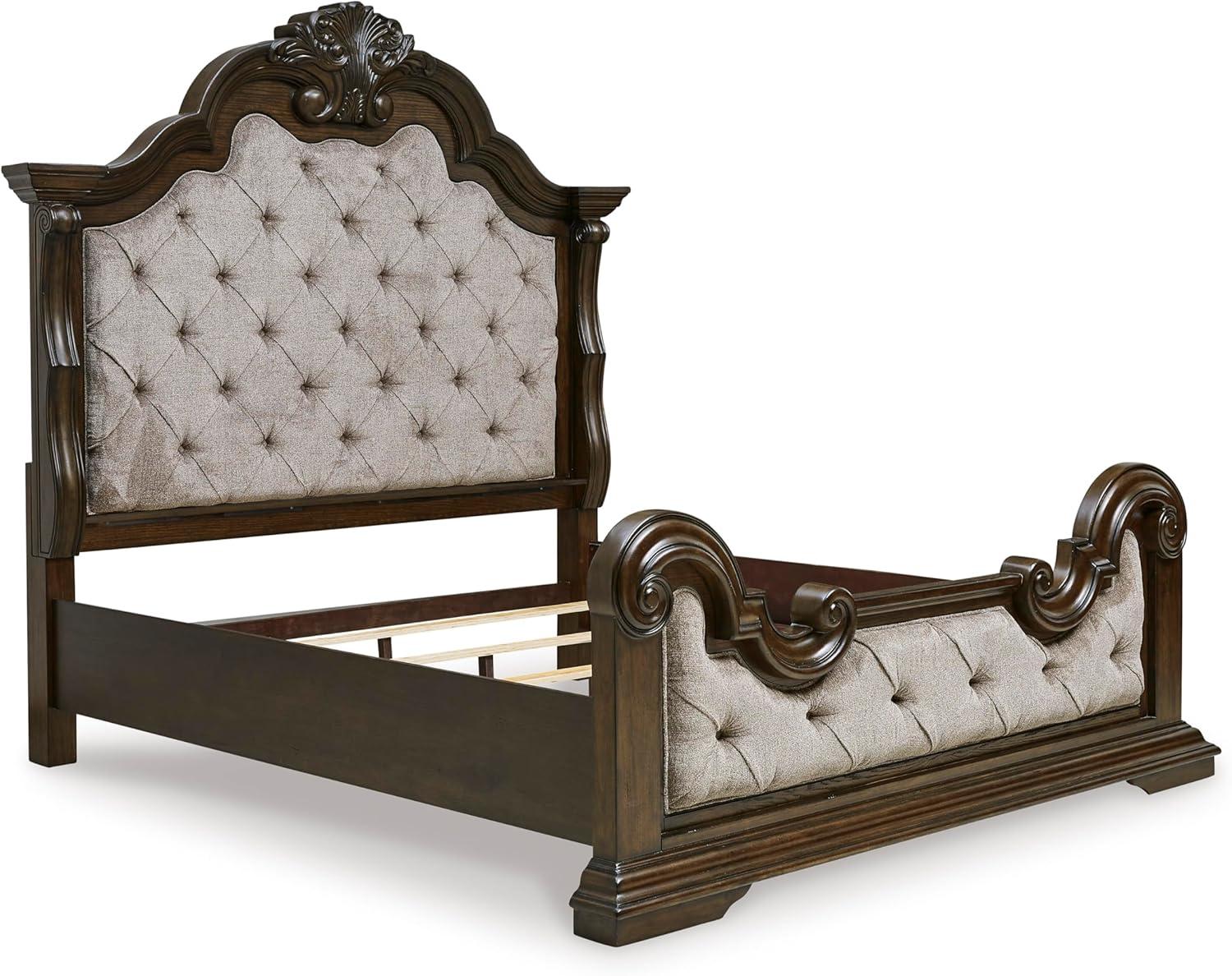 imageSignature Design by Ashley Maylee Traditional Tufted Queen Upholstered Panel Bed Foundation or Box Spring Needed Dark Brown ampamp BeigeDark Brown