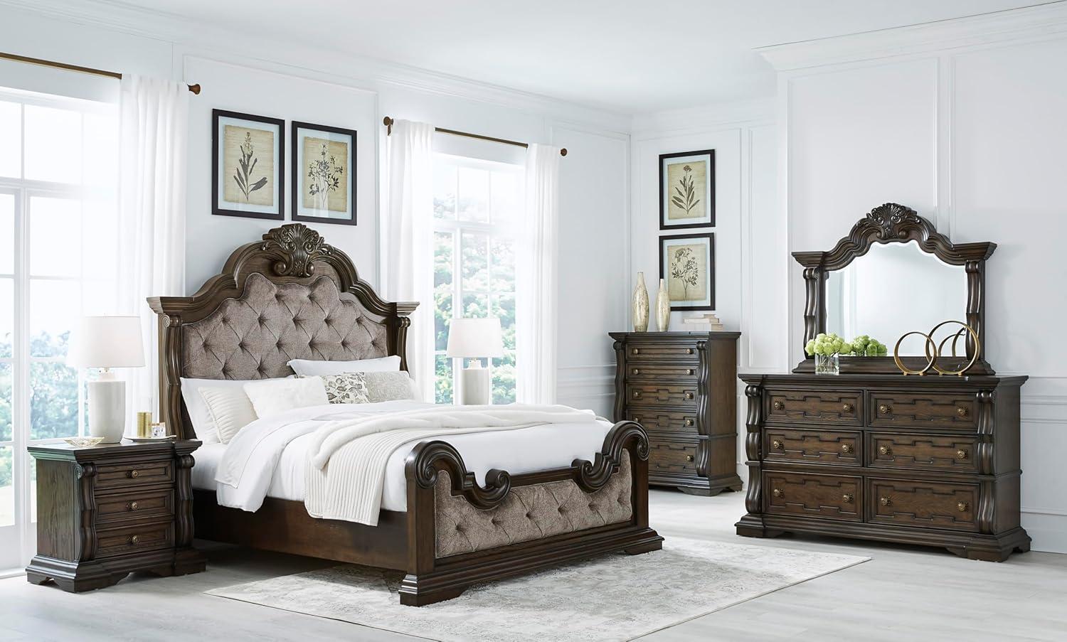 imageSignature Design by Ashley Maylee Traditional Tufted Queen Upholstered Panel Bed Foundation or Box Spring Needed Dark Brown ampamp BeigeDark Brown