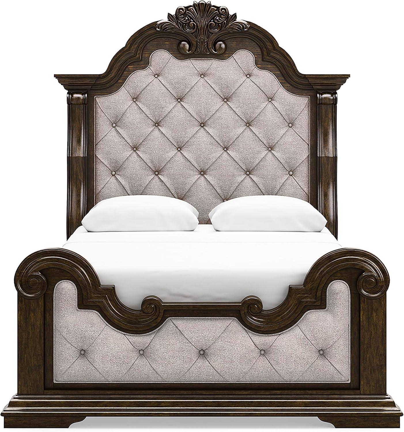 imageSignature Design by Ashley Maylee Traditional Tufted Queen Upholstered Panel Bed Foundation or Box Spring Needed Dark Brown ampamp BeigeDark Brown