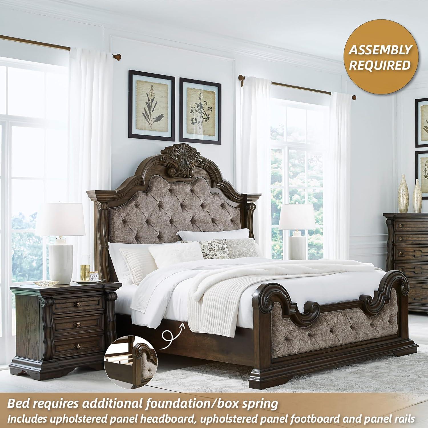 imageSignature Design by Ashley Maylee Traditional Tufted Queen Upholstered Panel Bed Foundation or Box Spring Needed Dark Brown ampamp BeigeDark Brown