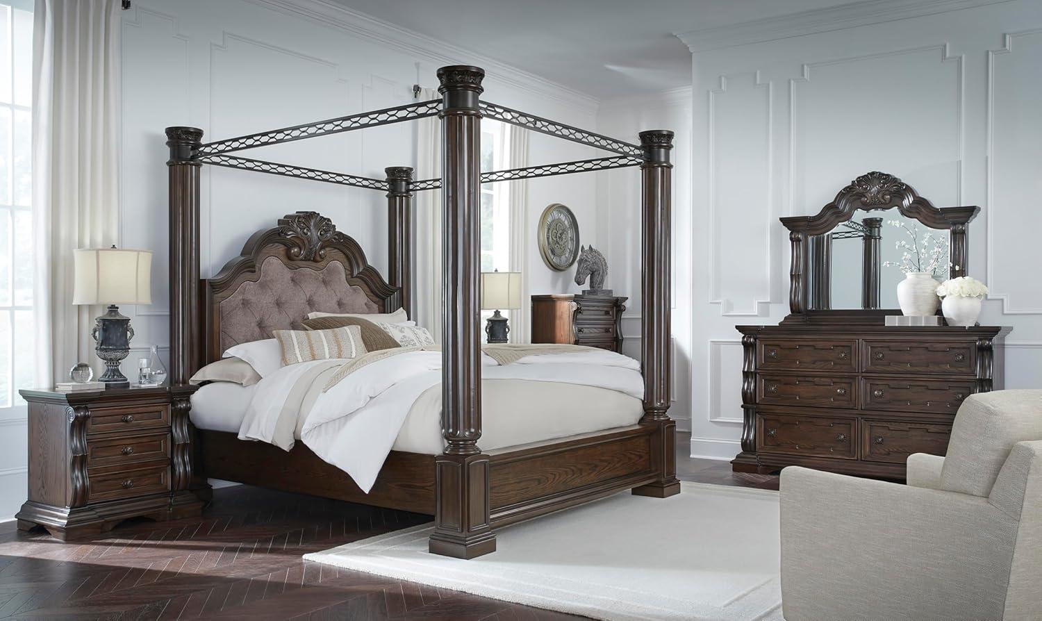 imageSignature Design by Ashley Maylee Traditional Tufted Queen Upholstered Panel Bed Foundation or Box Spring Needed Dark Brown ampamp BeigeDark Brown