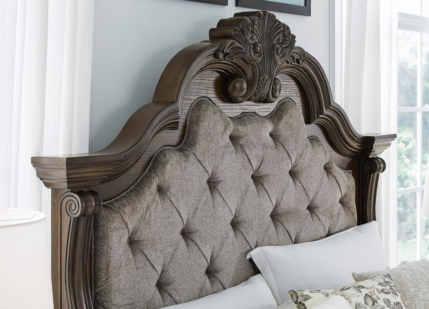 imageSignature Design by Ashley Maylee Traditional Tufted Queen Upholstered Panel Bed Foundation or Box Spring Needed Dark Brown ampamp BeigeDark Brown