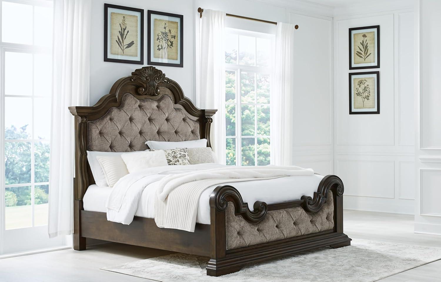 imageSignature Design by Ashley Maylee Traditional Tufted Queen Upholstered Panel Bed Foundation or Box Spring Needed Dark Brown ampamp BeigeDark Brown