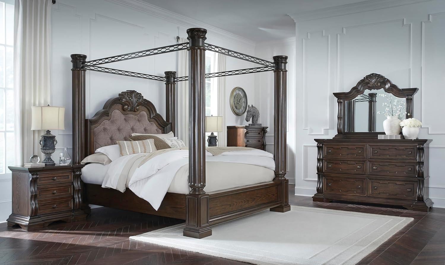 imageSignature Design by Ashley Maylee Traditional Tufted Queen Upholstered Panel Bed Foundation or Box Spring Needed Dark Brown ampamp BeigeDark Brown