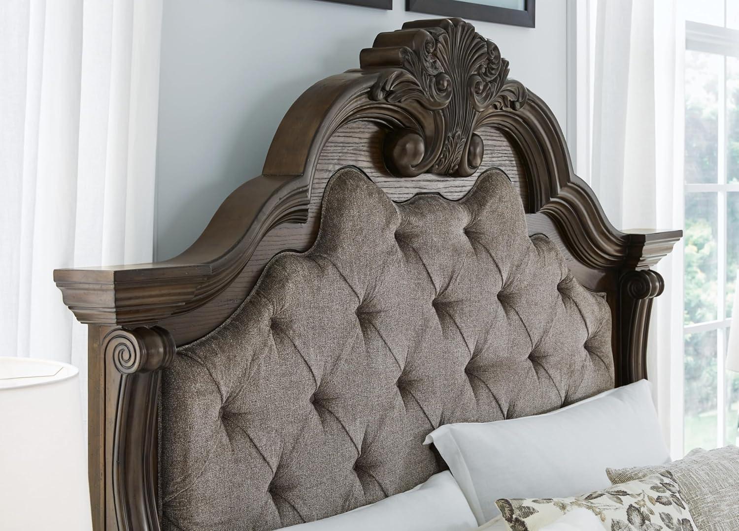 imageSignature Design by Ashley Maylee Traditional Tufted Queen Upholstered Panel Bed Foundation or Box Spring Needed Dark Brown ampamp BeigeDark Brown
