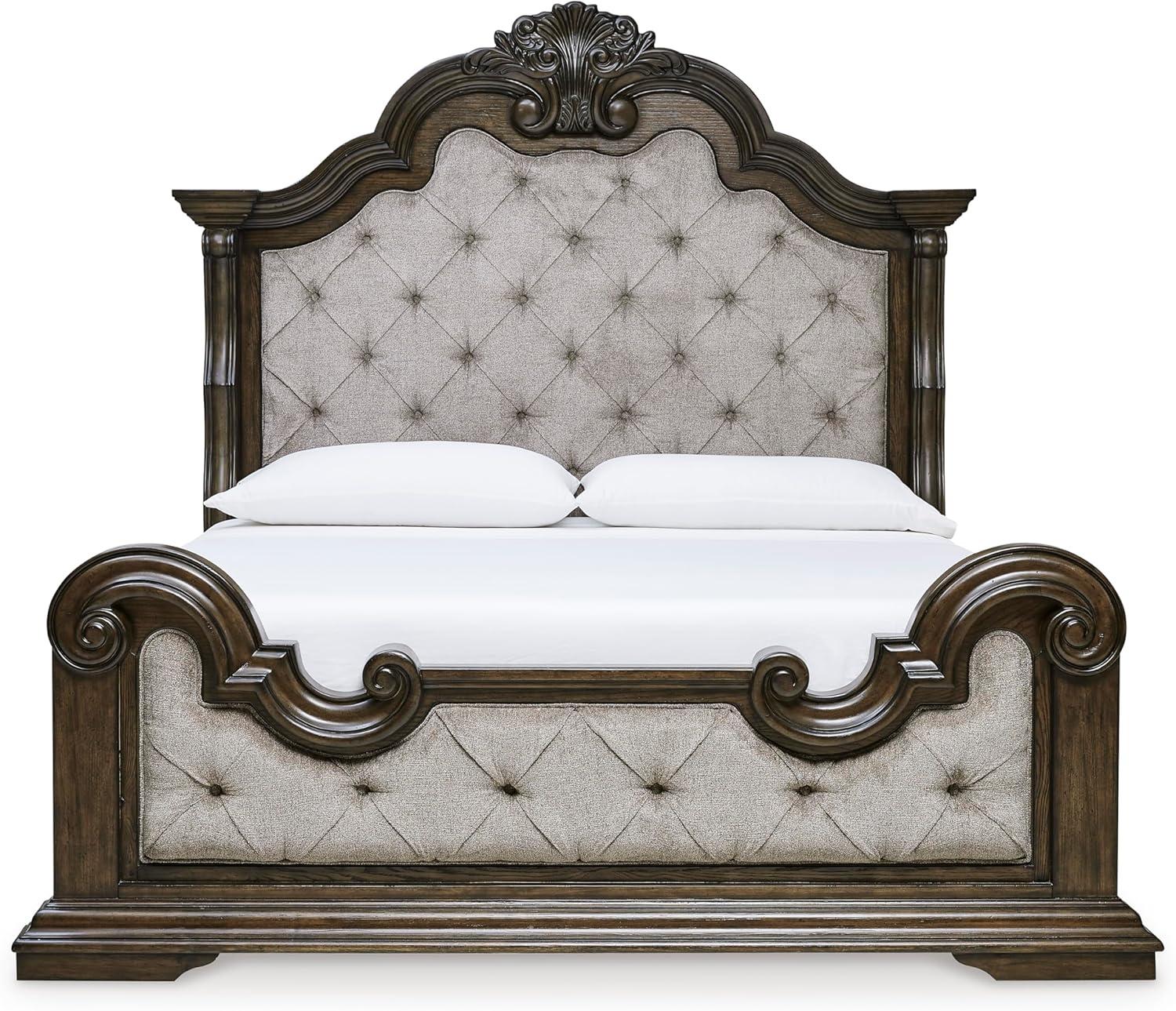 imageSignature Design by Ashley Maylee Traditional Tufted Queen Upholstered Panel Bed Foundation or Box Spring Needed Dark Brown ampamp BeigeDark Brown