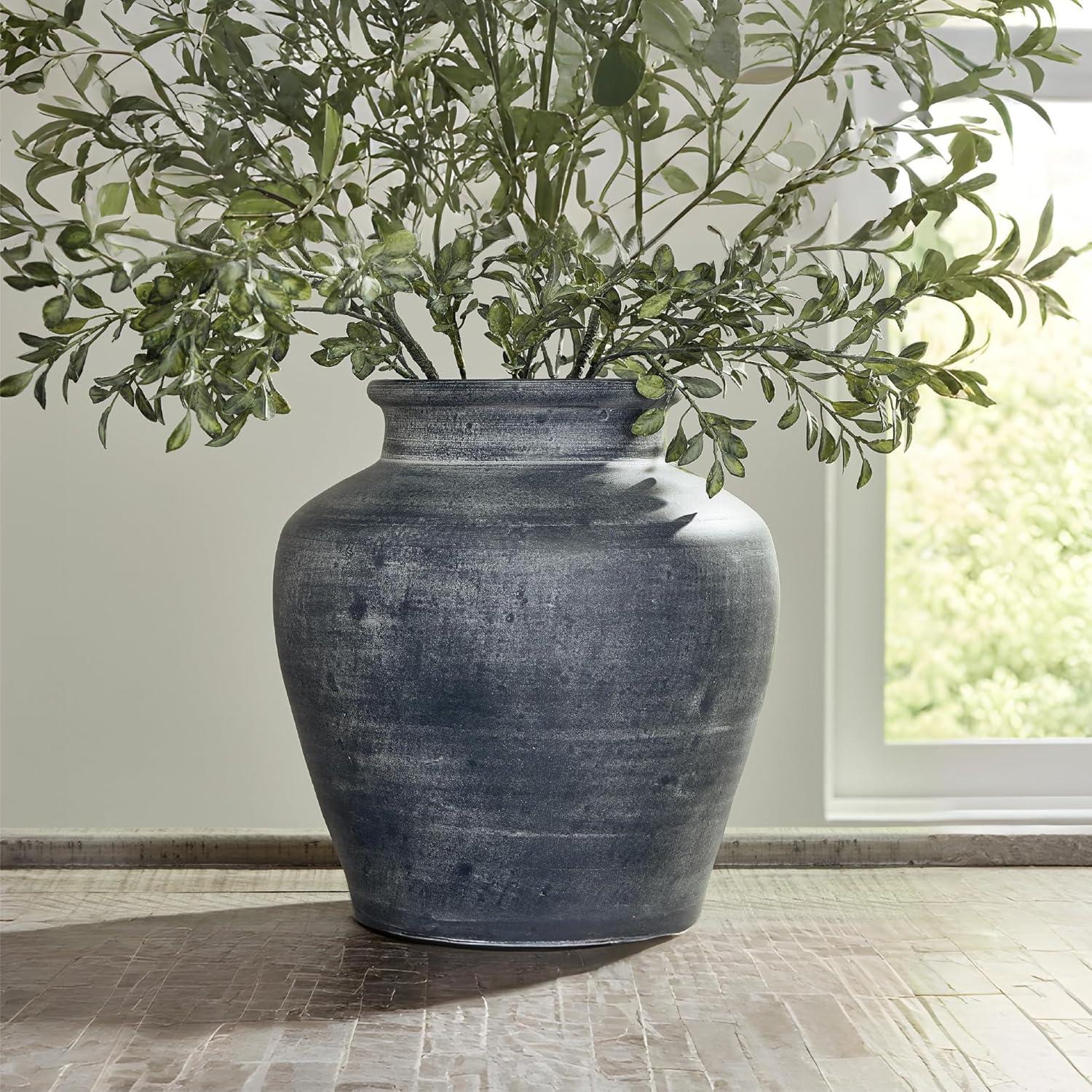 imageSignature Design by Ashley Meadie Traditional Indoor Terra Cotta Tabletop Vase with Handle and Wide Mouth BlueBlue