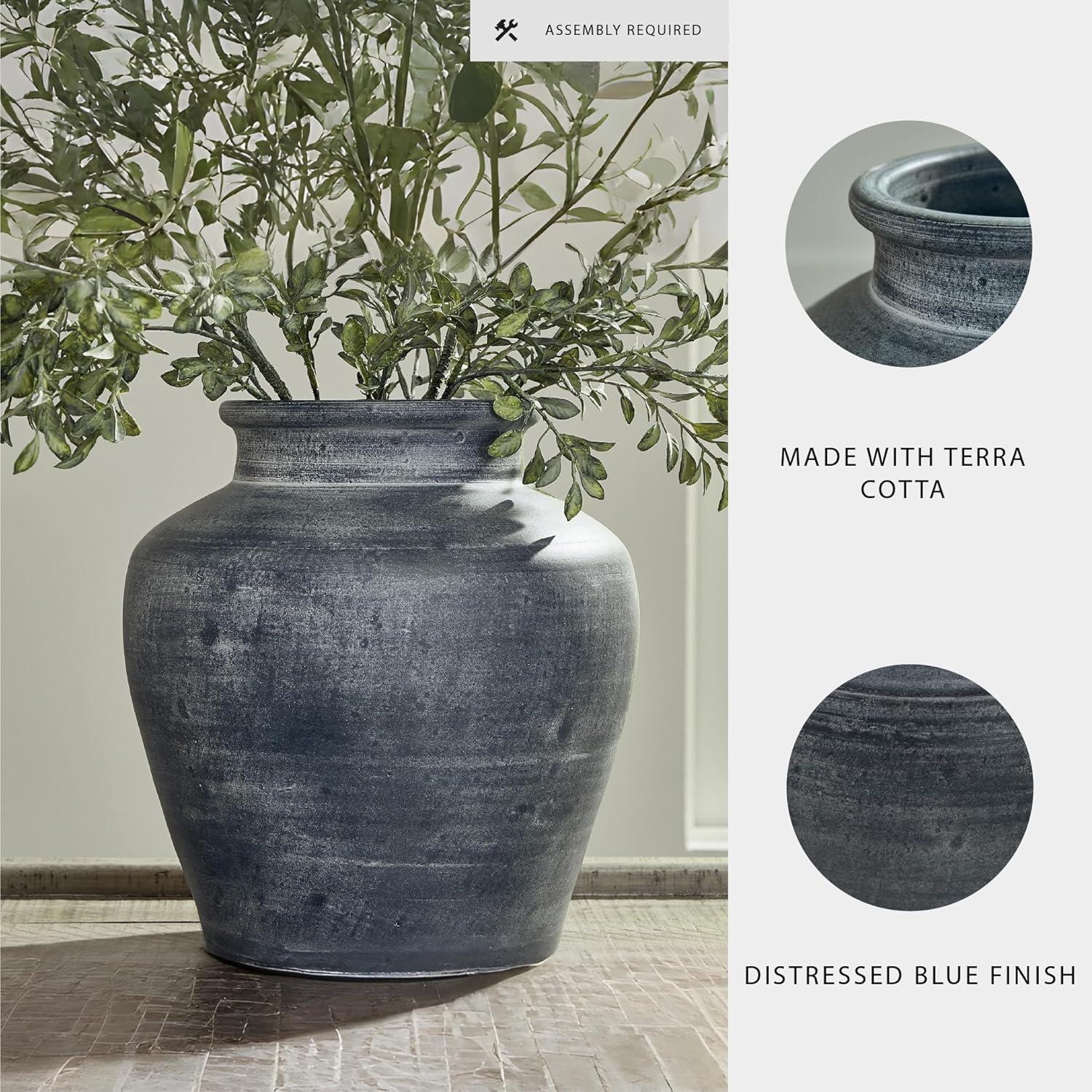 imageSignature Design by Ashley Meadie Traditional Indoor Terra Cotta Tabletop Vase with Handle and Wide Mouth BlueBlue