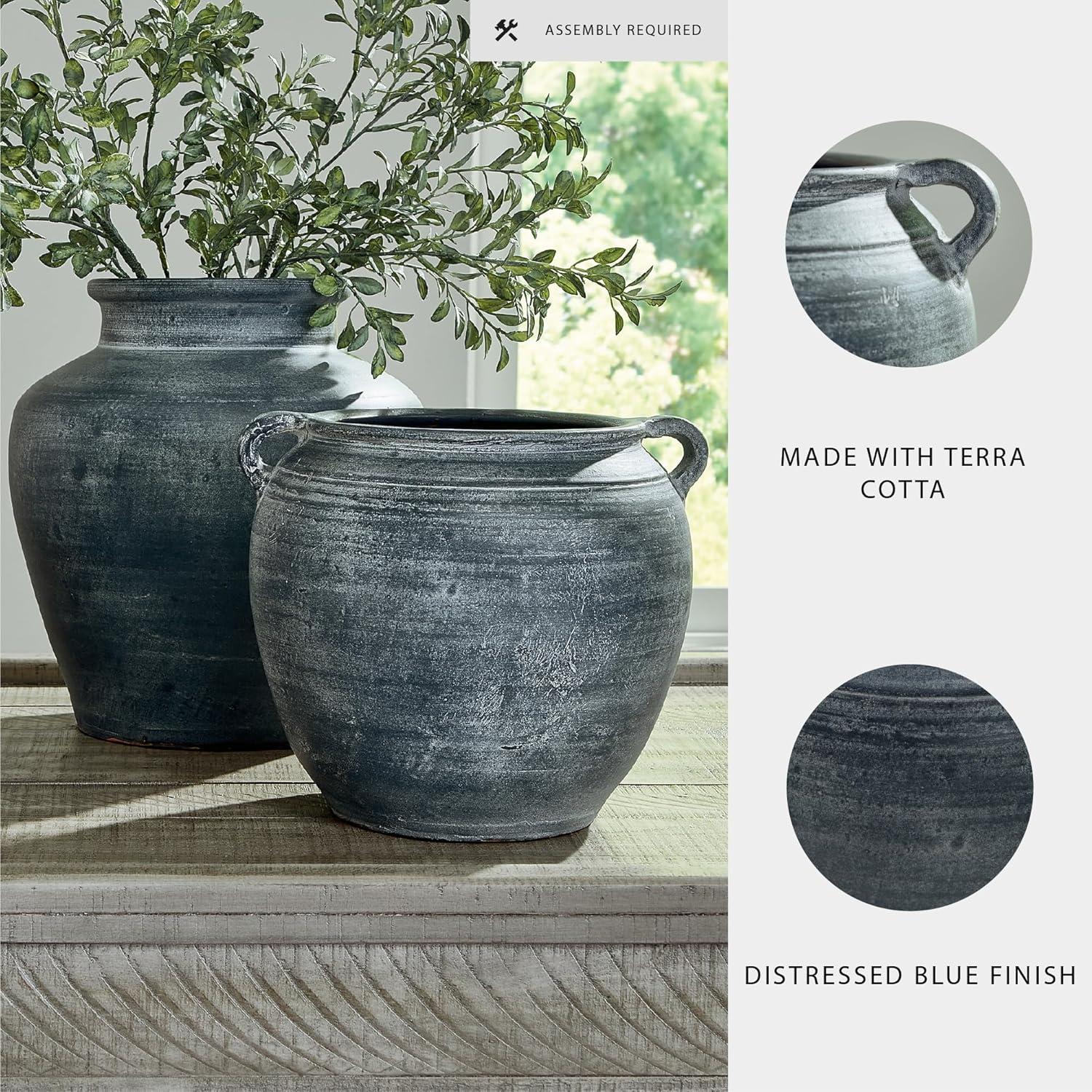 imageSignature Design by Ashley Meadie Traditional Indoor Terra Cotta Tabletop Vase with Handle and Wide Mouth BlueBlue