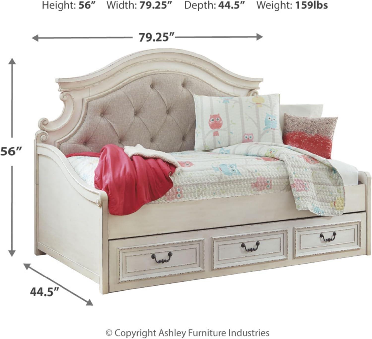 imageSignature Design by Ashley Realyn Traditional Upholstered Tufted Twin Platform Daybed with 1 Large Drawer Foundation or Box Spring Not Needed White ampamp BeigeTwin