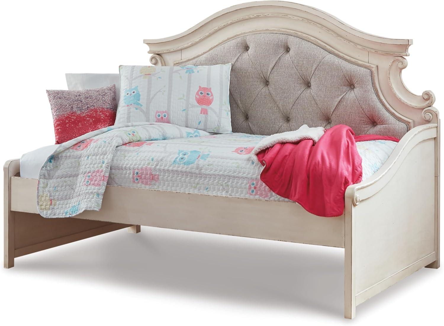 imageSignature Design by Ashley Realyn Traditional Upholstered Tufted Twin Platform Daybed with 1 Large Drawer Foundation or Box Spring Not Needed White ampamp BeigeTwin