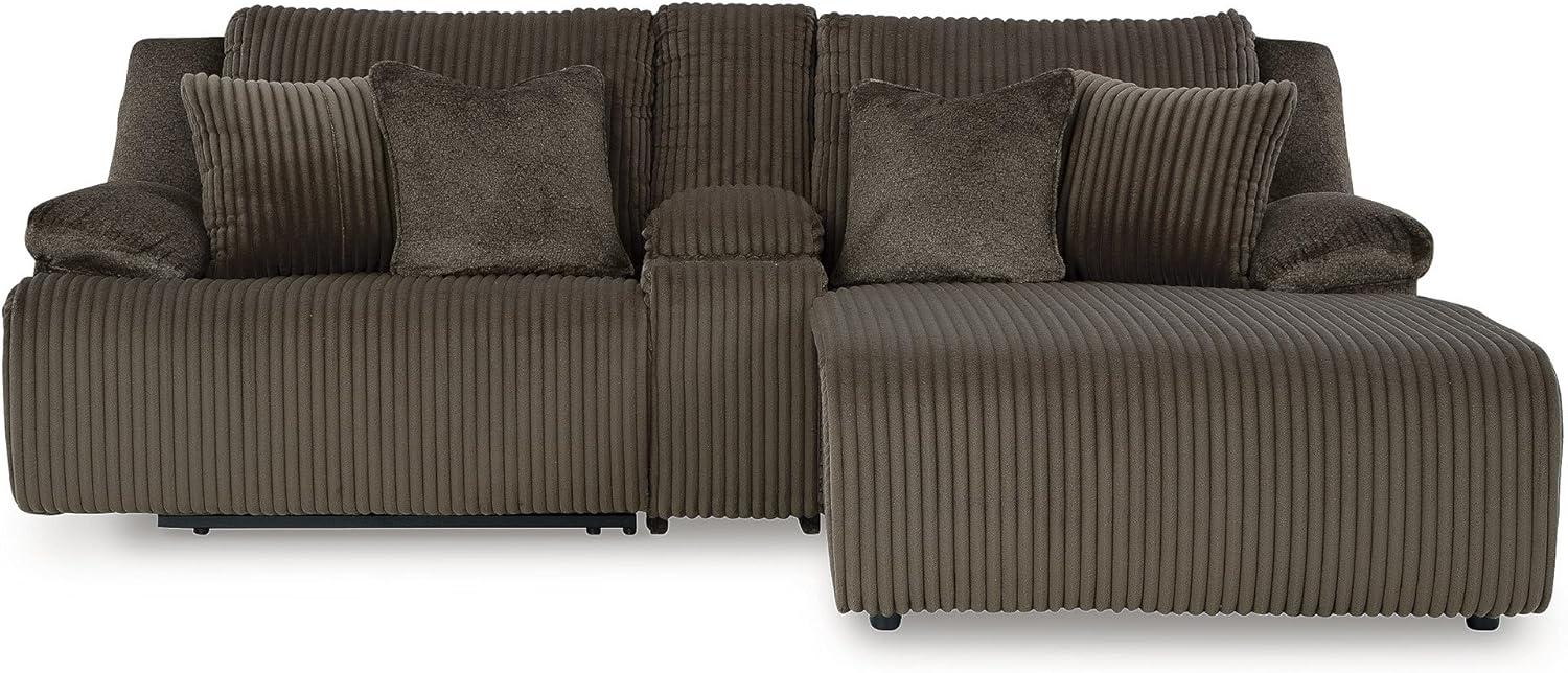 imageSignature Design by Ashley Top Tier Casual LShaped 3Piece Reclining Sectional Sofa with Chaise Console Storage and 4 Accent Pillows WhiteDark Brown