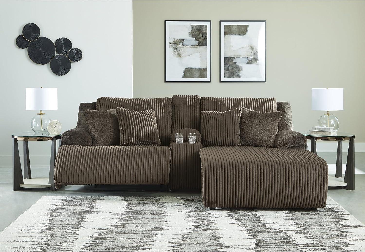 imageSignature Design by Ashley Top Tier Casual LShaped 3Piece Reclining Sectional Sofa with Chaise Console Storage and 4 Accent Pillows WhiteDark Brown