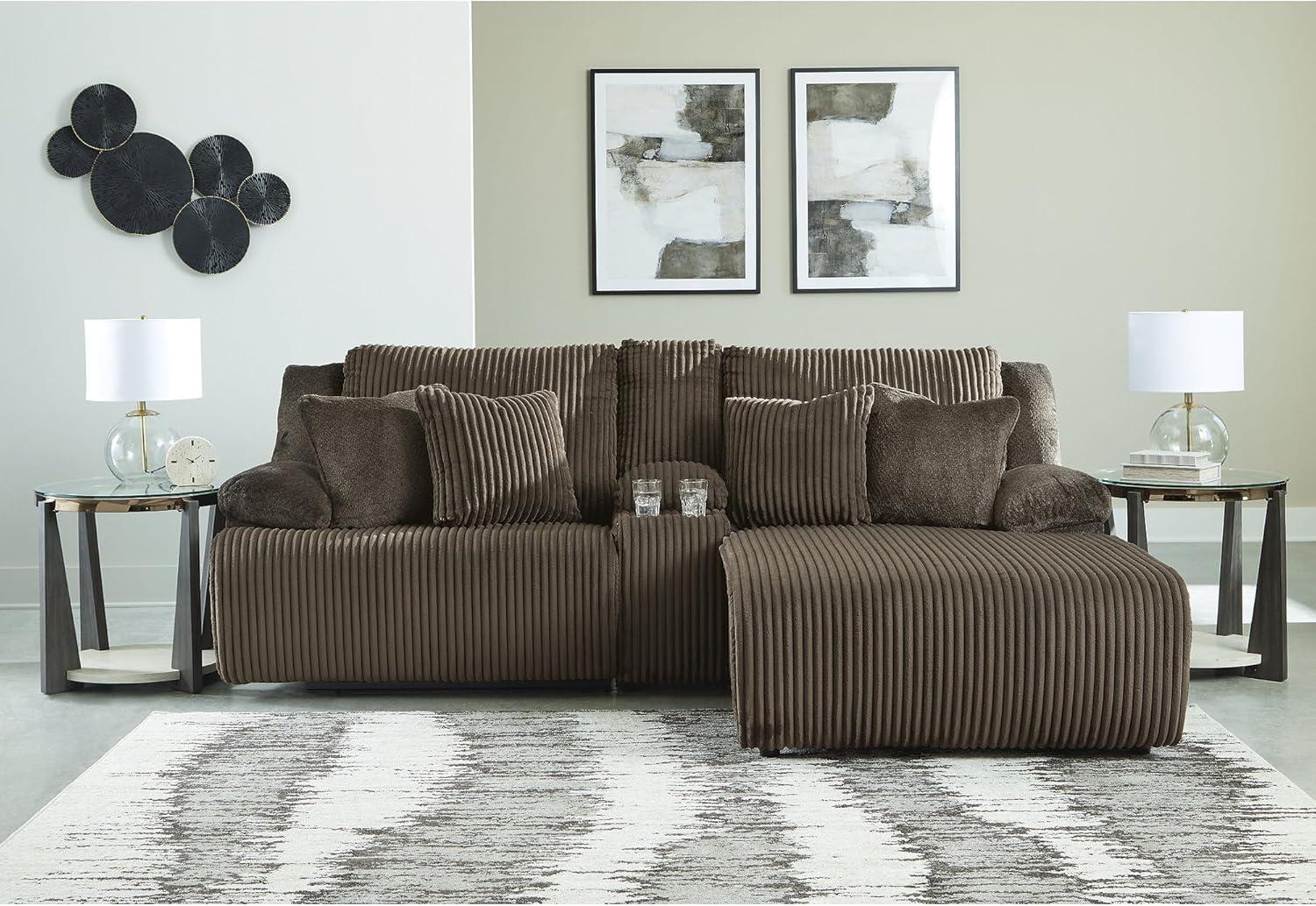 imageSignature Design by Ashley Top Tier Casual LShaped 3Piece Reclining Sectional Sofa with Chaise Console Storage and 4 Accent Pillows WhiteDark Brown