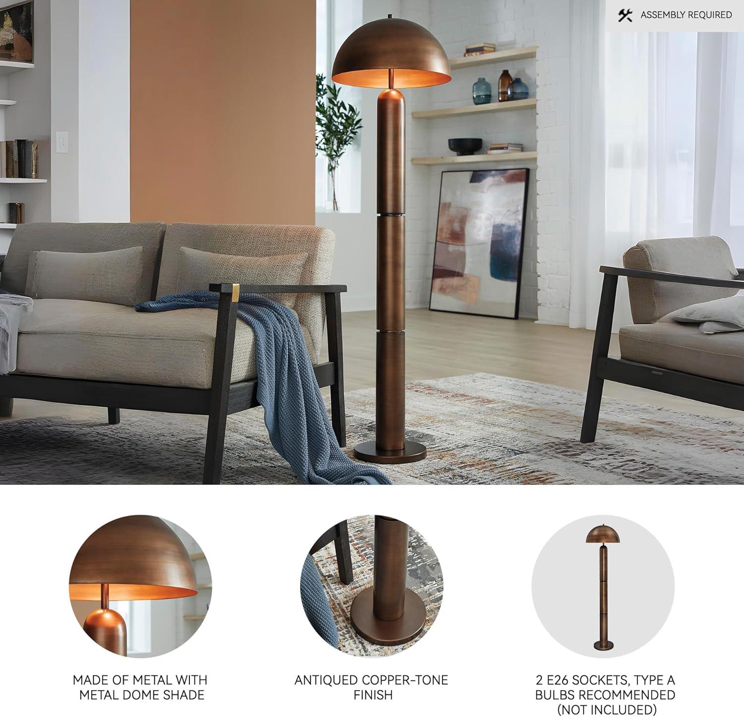 imageSignature Design by Ashley Wendfield Industrial Metal Floor Lamp with Dome Shade MetallicAntique Copper Finish