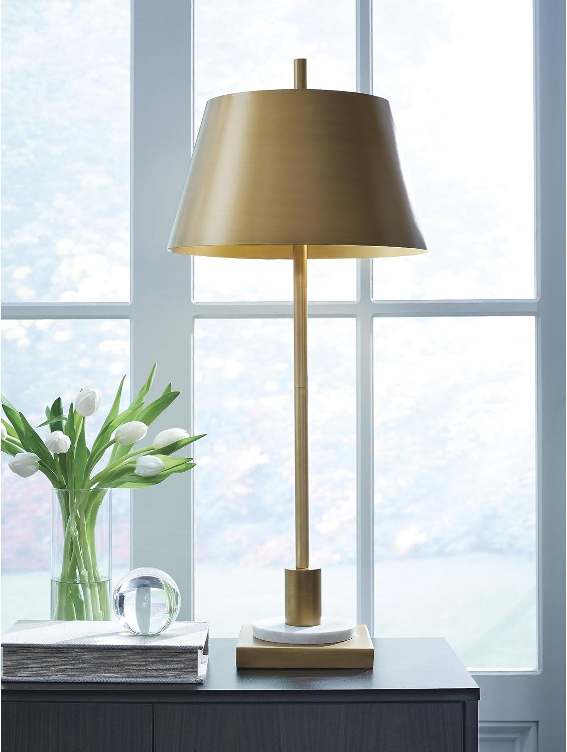 imageSignature Design by Ashley Wendfield Industrial Metal Floor Lamp with Dome Shade MetallicGold FinishWhite