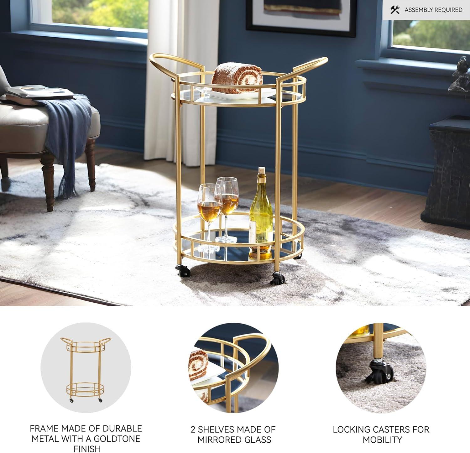 imageSignature Design by Ashley Wynora Round Modern Bar Serving Cart with 2 Mirrored Shelves Gold