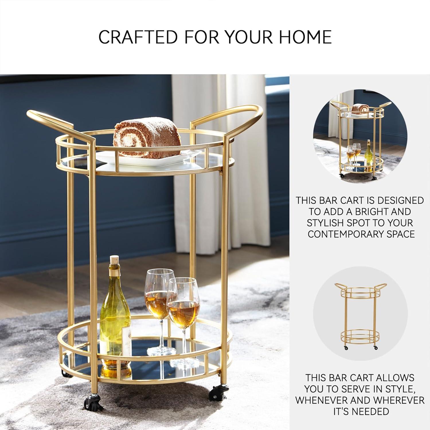 imageSignature Design by Ashley Wynora Round Modern Bar Serving Cart with 2 Mirrored Shelves Gold