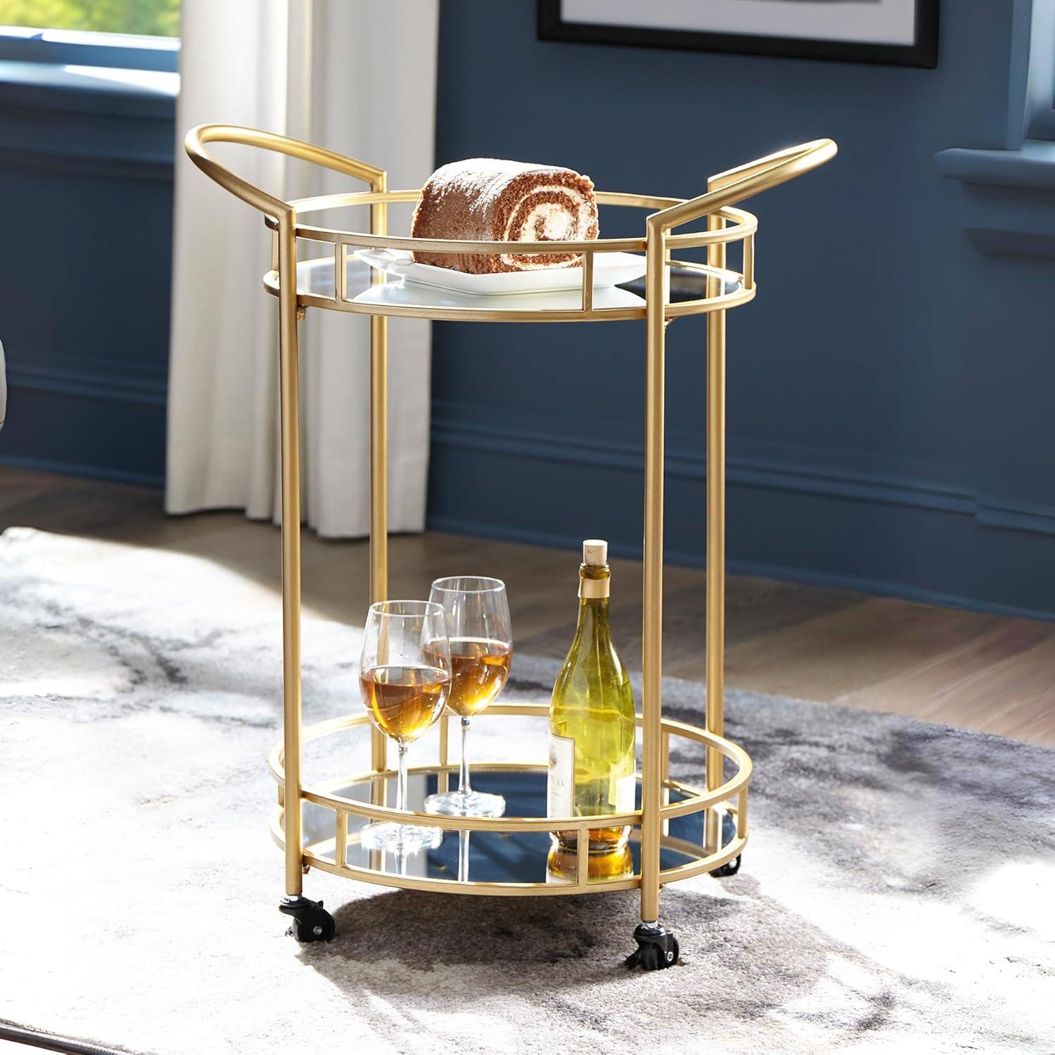 imageSignature Design by Ashley Wynora Round Modern Bar Serving Cart with 2 Mirrored Shelves Gold