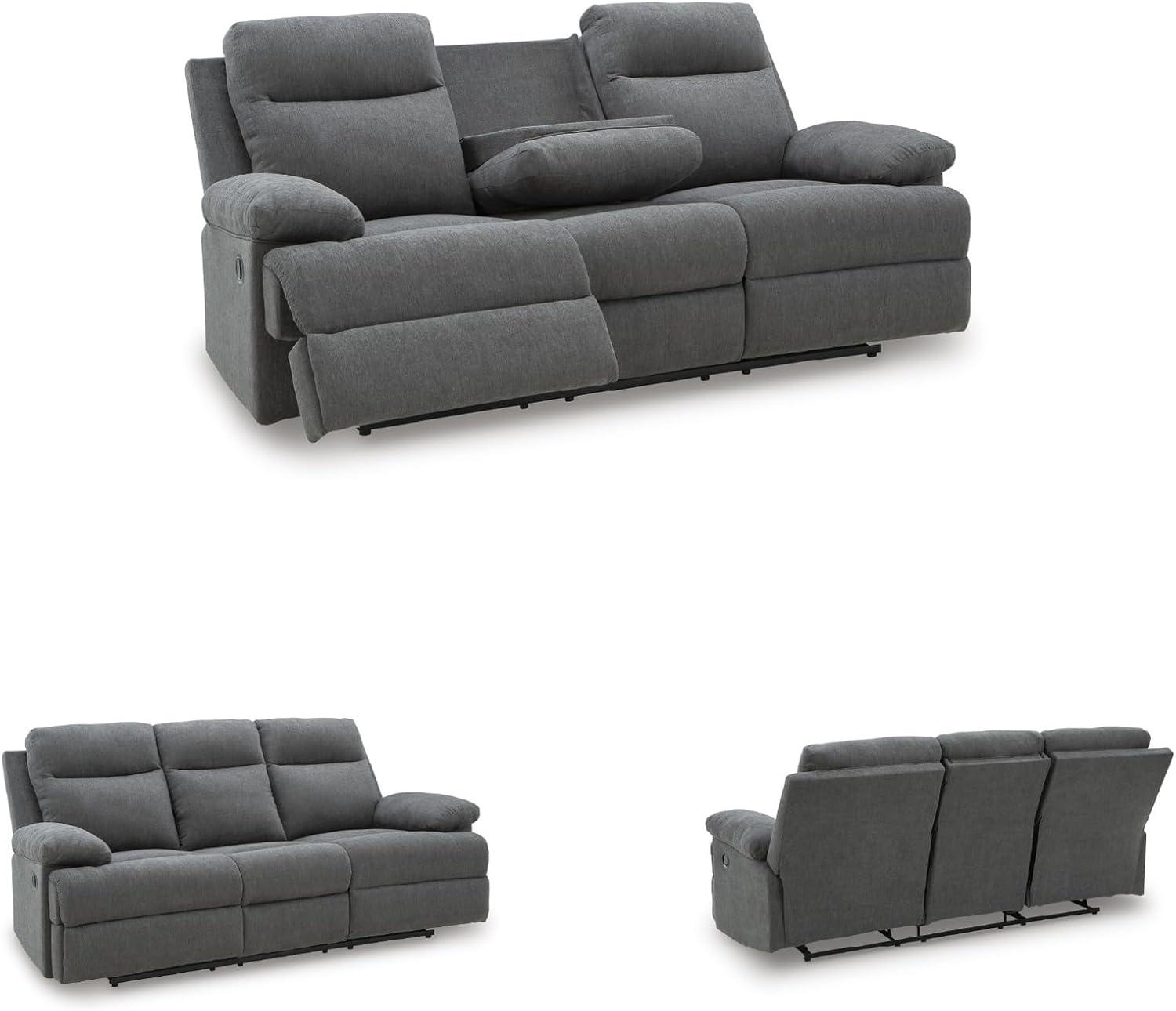 imageSignature Design by Ashley Yarrow Lane Classic Chenille Manual Pull Tab Reclining Sofa with Drop Down Table and USB Charging Light BrownCharcoal