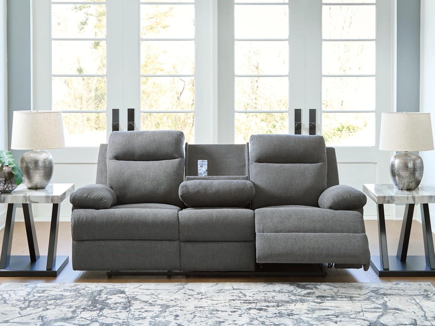 imageSignature Design by Ashley Yarrow Lane Classic Chenille Manual Pull Tab Reclining Sofa with Drop Down Table and USB Charging Light BrownCharcoal