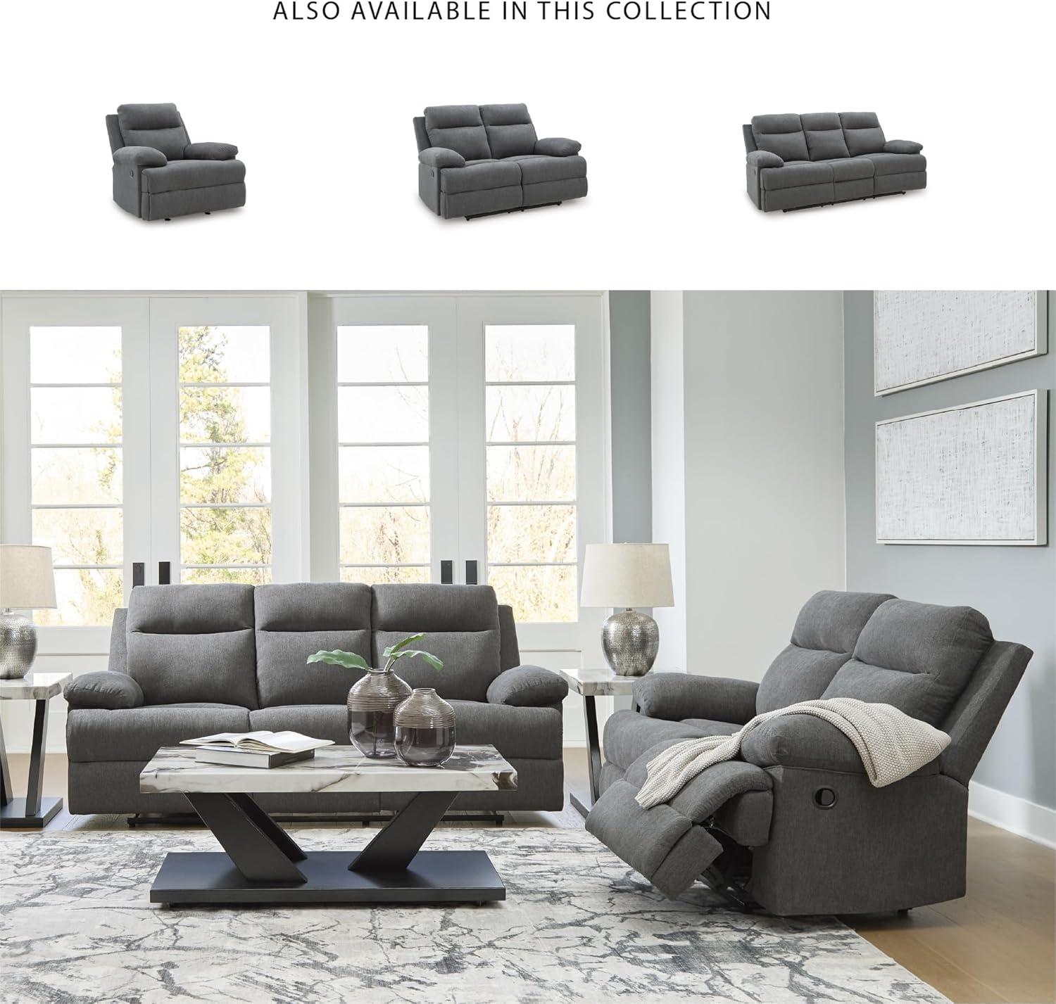 imageSignature Design by Ashley Yarrow Lane Classic Chenille Manual Pull Tab Reclining Sofa with Drop Down Table and USB Charging Light BrownCharcoal