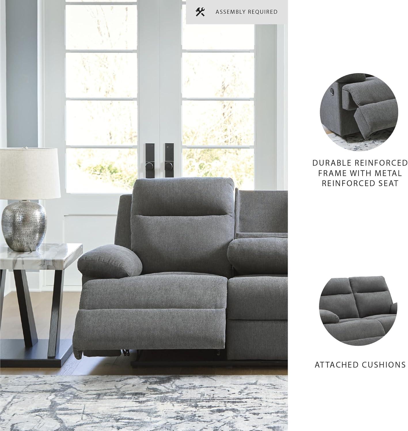 imageSignature Design by Ashley Yarrow Lane Classic Chenille Manual Pull Tab Reclining Sofa with Drop Down Table and USB Charging Light BrownCharcoal