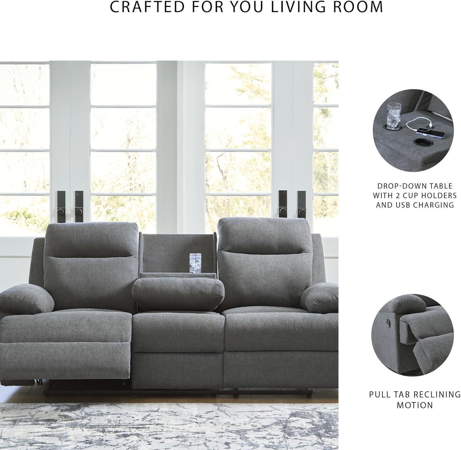 imageSignature Design by Ashley Yarrow Lane Classic Chenille Manual Pull Tab Reclining Sofa with Drop Down Table and USB Charging Light BrownCharcoal