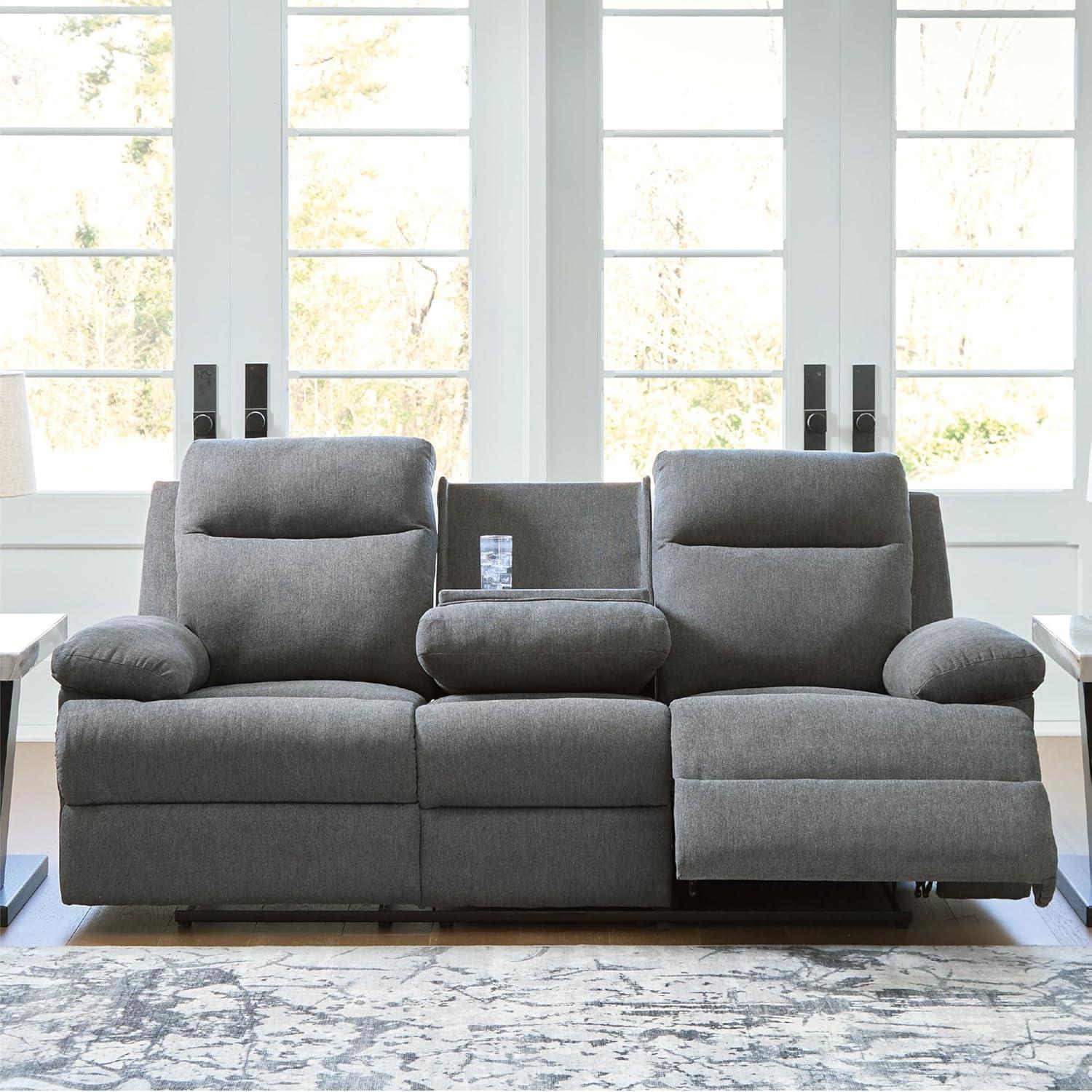 imageSignature Design by Ashley Yarrow Lane Classic Chenille Manual Pull Tab Reclining Sofa with Drop Down Table and USB Charging Light BrownCharcoal